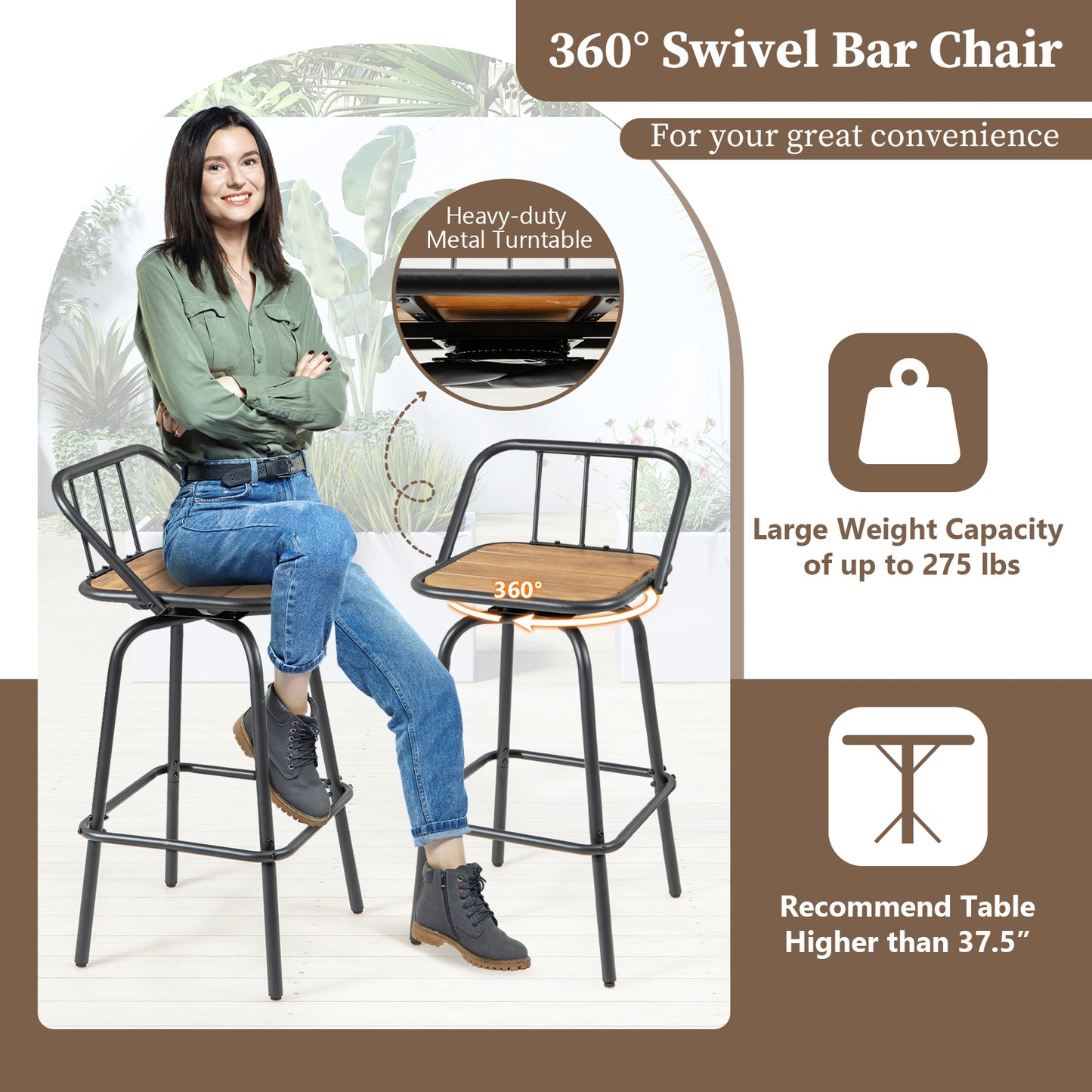 Modern Swivel Bar Stool Set of 2 with 360° Seat Backrest and Footrest