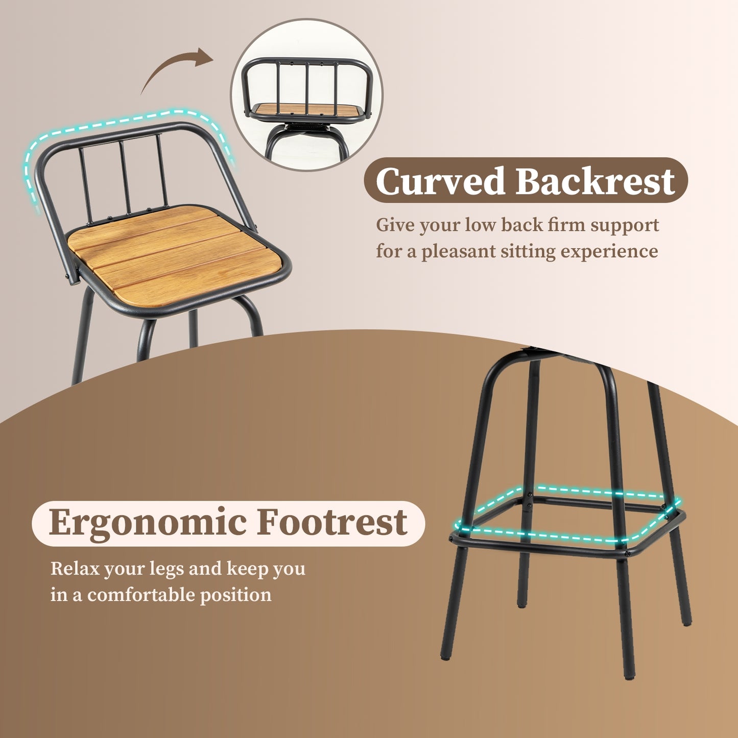 Modern Swivel Bar Stool Set of 2 with 360° Seat Backrest and Footrest