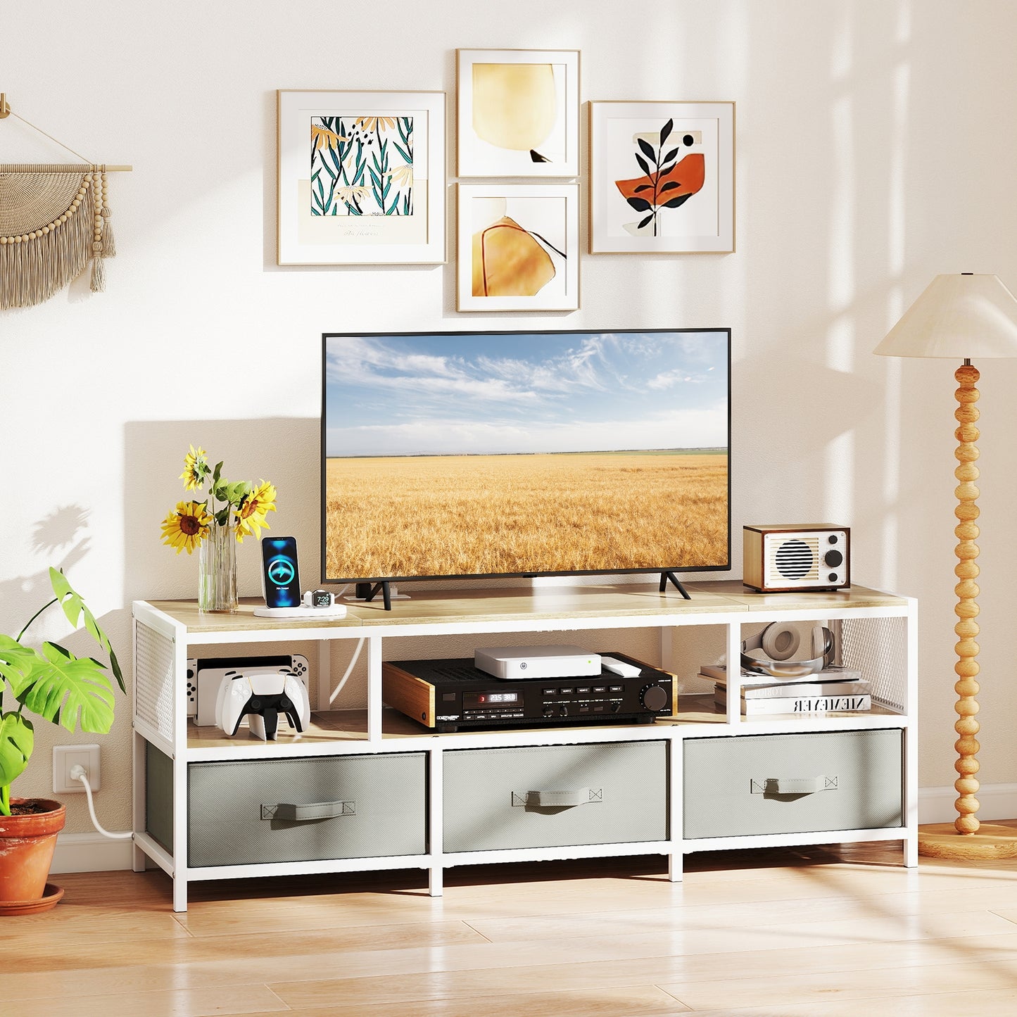 Modern Media Console with Charging Station and Storage for TVs up to 65 Inches - Natural
