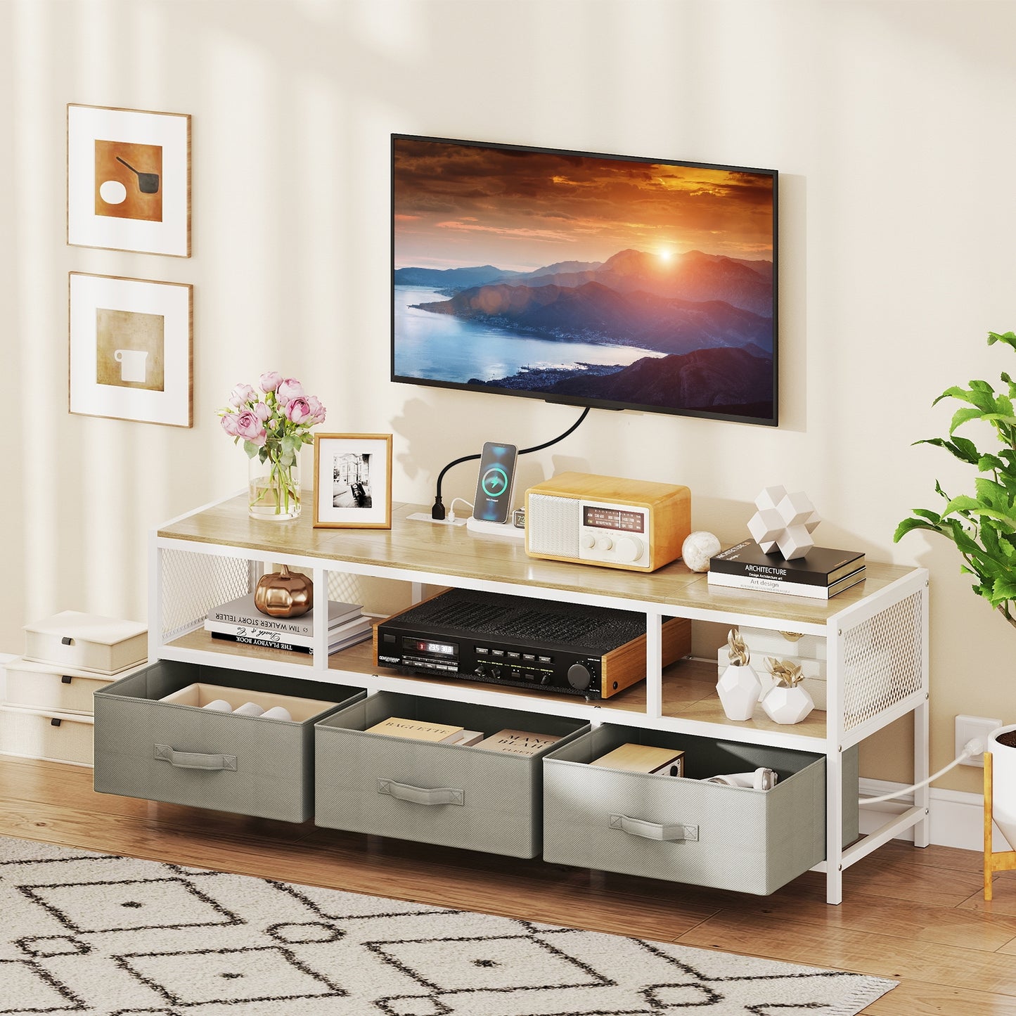 Modern Media Console with Charging Station and Storage for TVs up to 65 Inches - Natural
