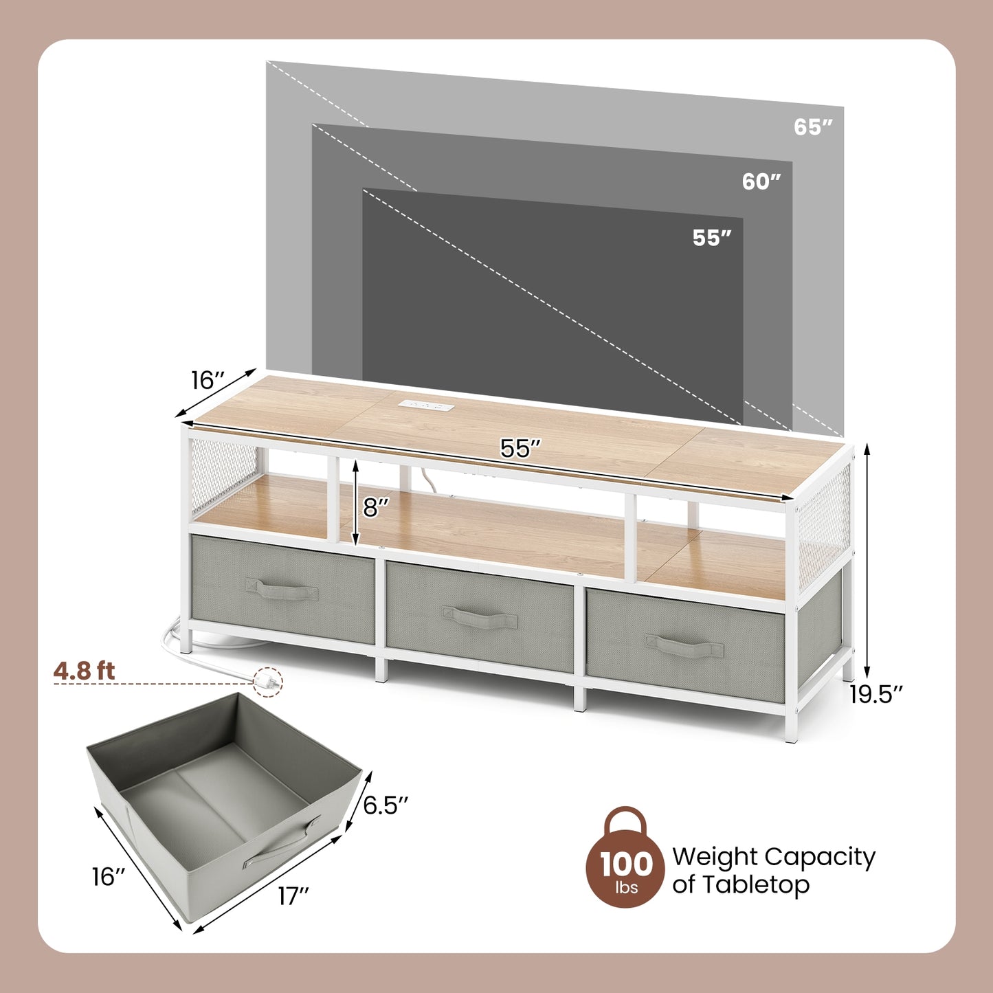 Modern Media Console with Charging Station and Storage for TVs up to 65 Inches - Natural
