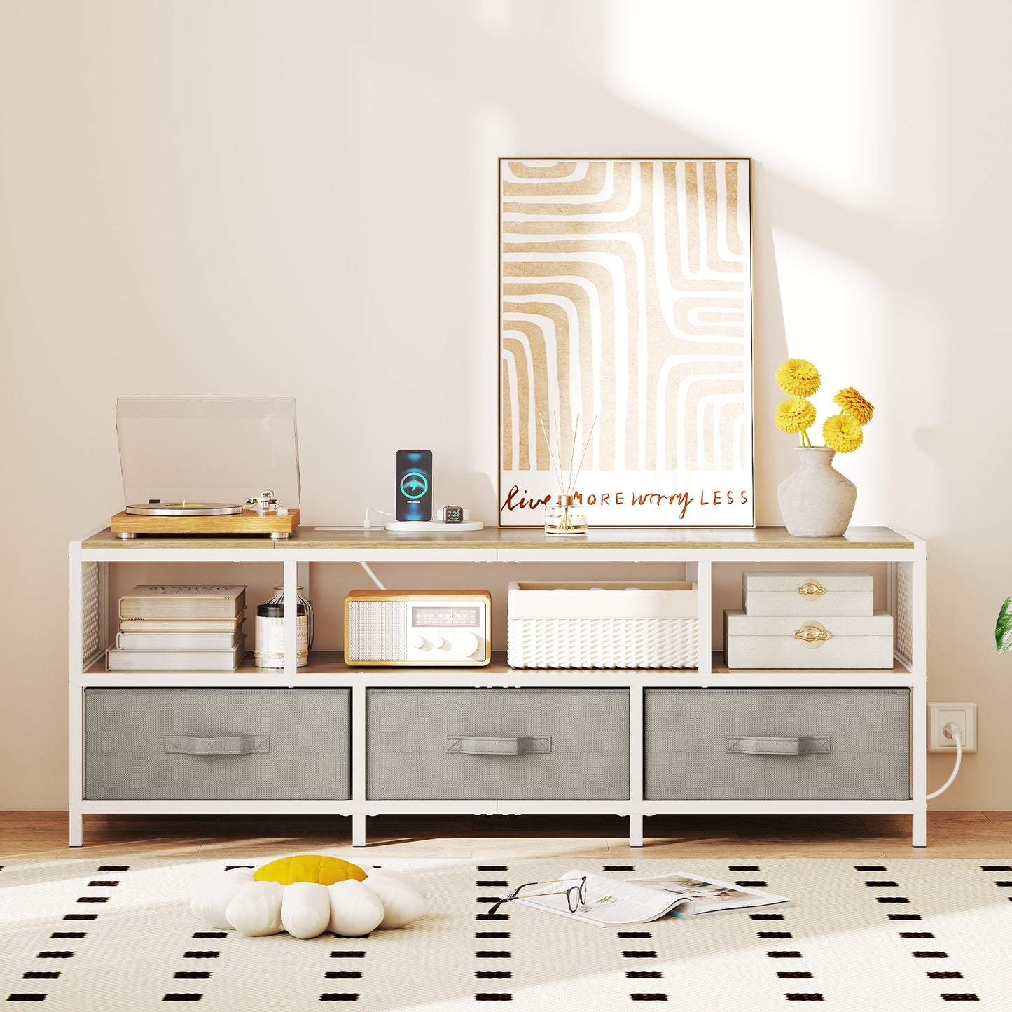 Modern Media Console with Charging Station and Storage for TVs up to 65 Inches - Natural