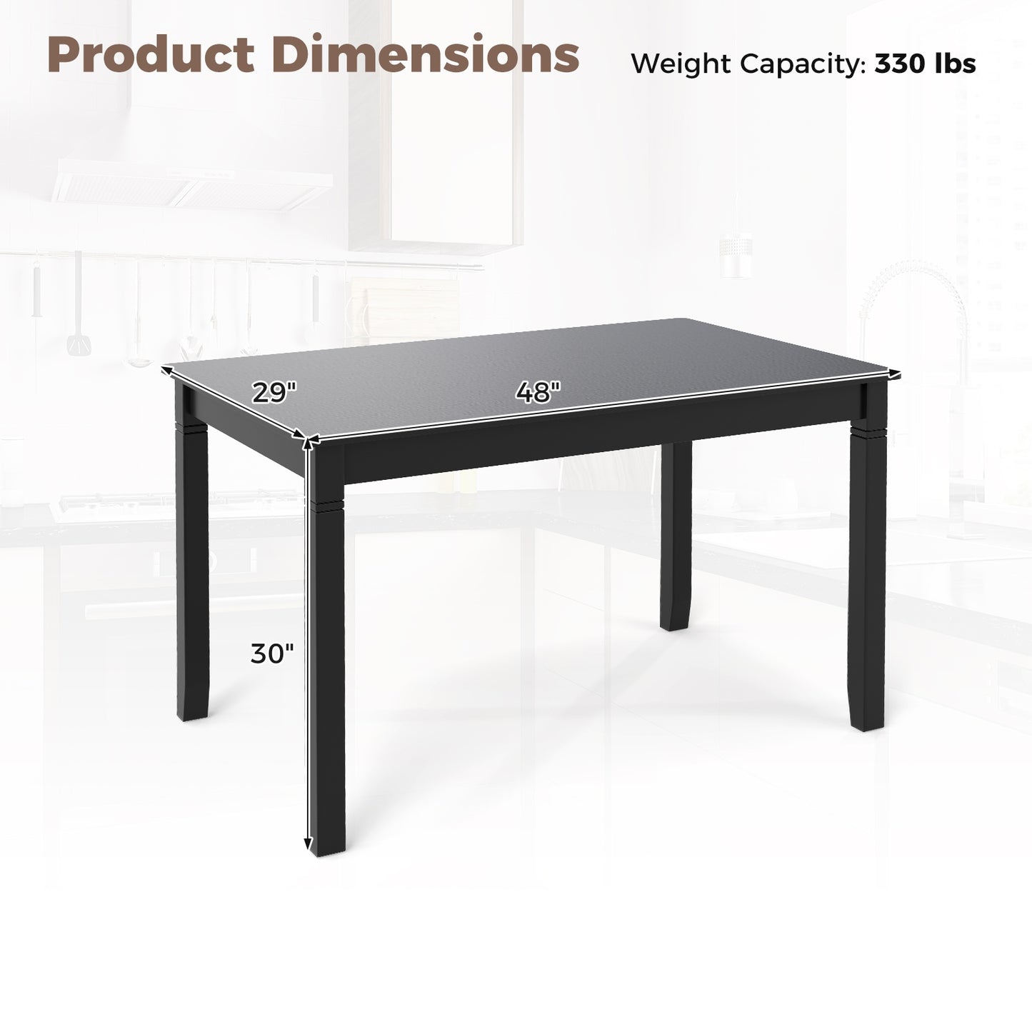 48 Inch Rectangular Wooden Dining Table for 4 with Solid Rubber Wood Legs in Black Finish