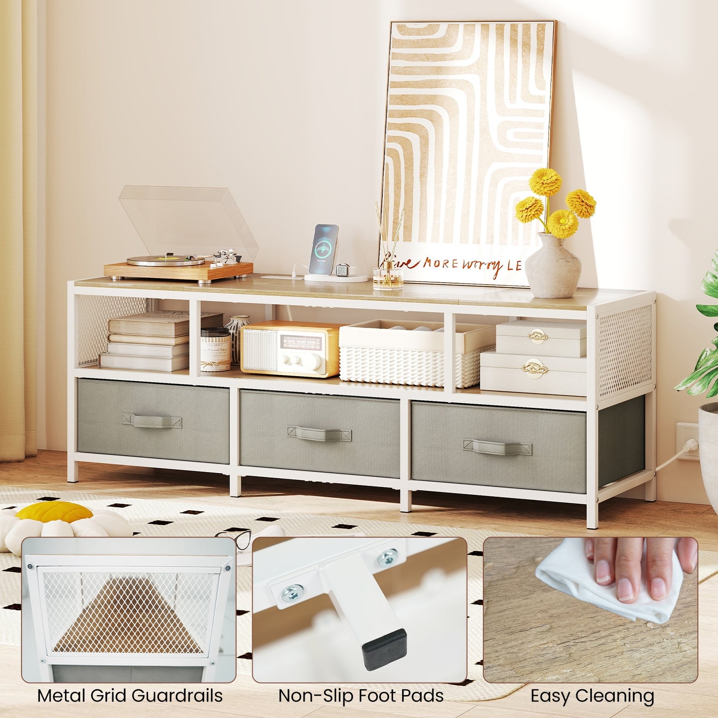 Modern Media Console with Charging Station and Storage for TVs up to 65 Inches - Natural