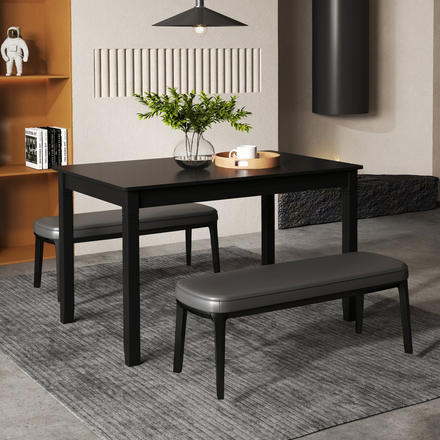 48 Inch Rectangular Wooden Dining Table for 4 with Solid Rubber Wood Legs in Black Finish
