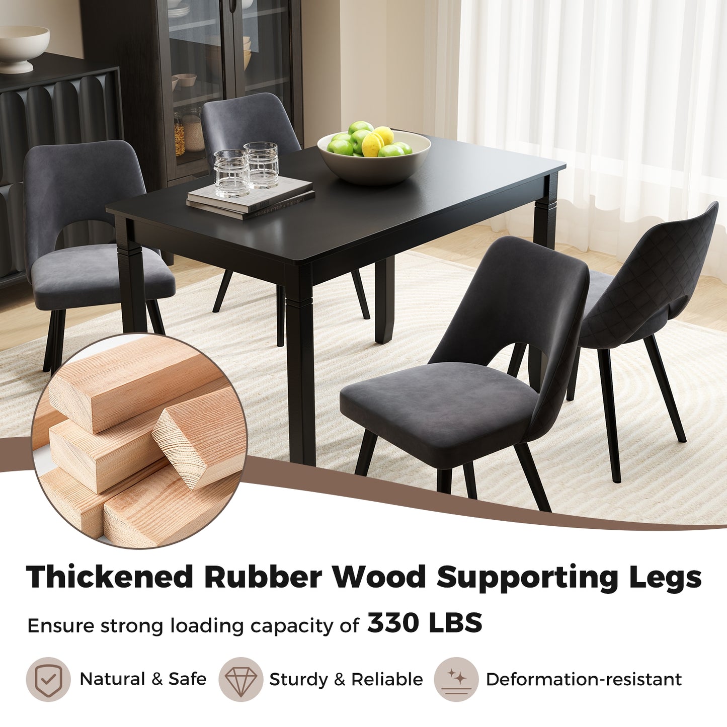 48 Inch Rectangular Wooden Dining Table for 4 with Solid Rubber Wood Legs in Black Finish