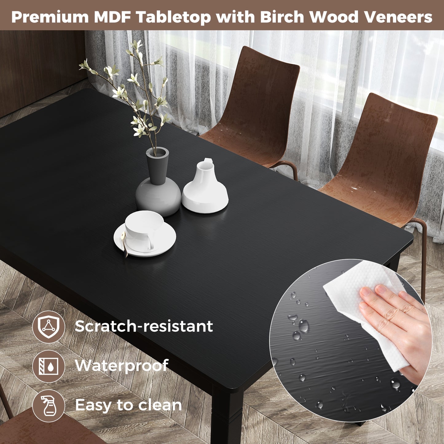 48 Inch Rectangular Wooden Dining Table for 4 with Solid Rubber Wood Legs in Black Finish