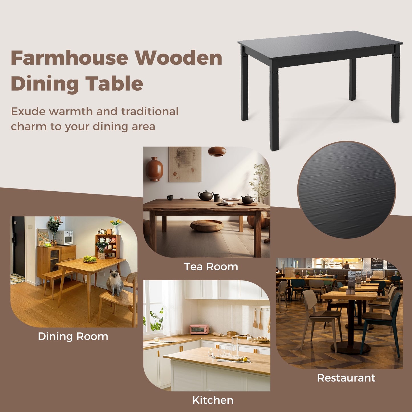 48 Inch Rectangular Wooden Dining Table for 4 with Solid Rubber Wood Legs in Black Finish