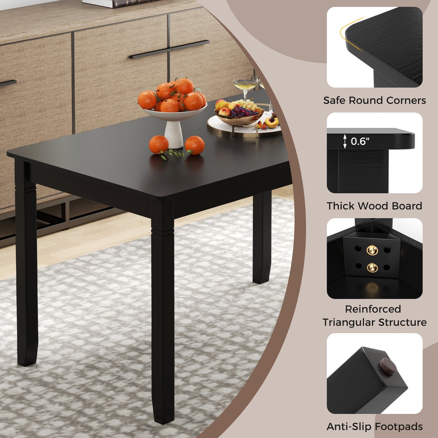 48 Inch Rectangular Wooden Dining Table for 4 with Solid Rubber Wood Legs in Black Finish