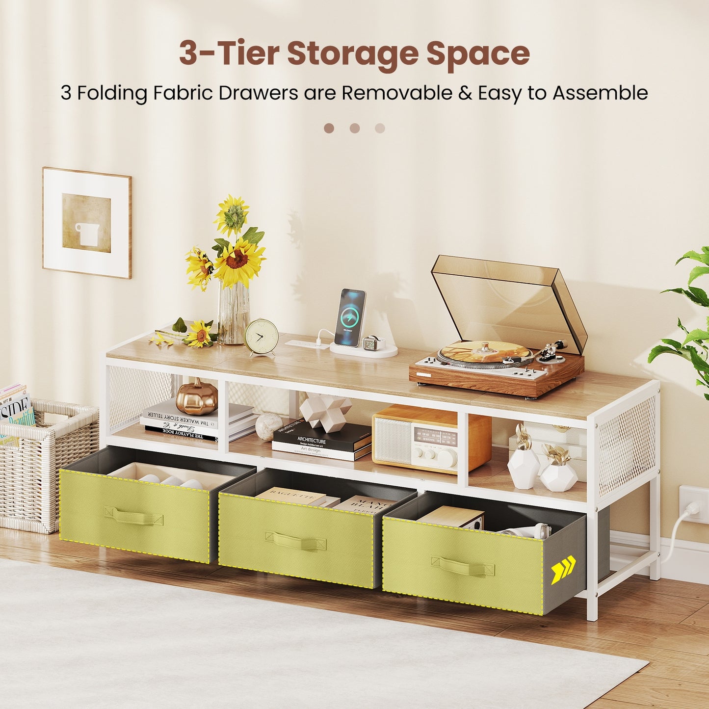 Modern Media Console with Charging Station and Storage for TVs up to 65 Inches - Natural