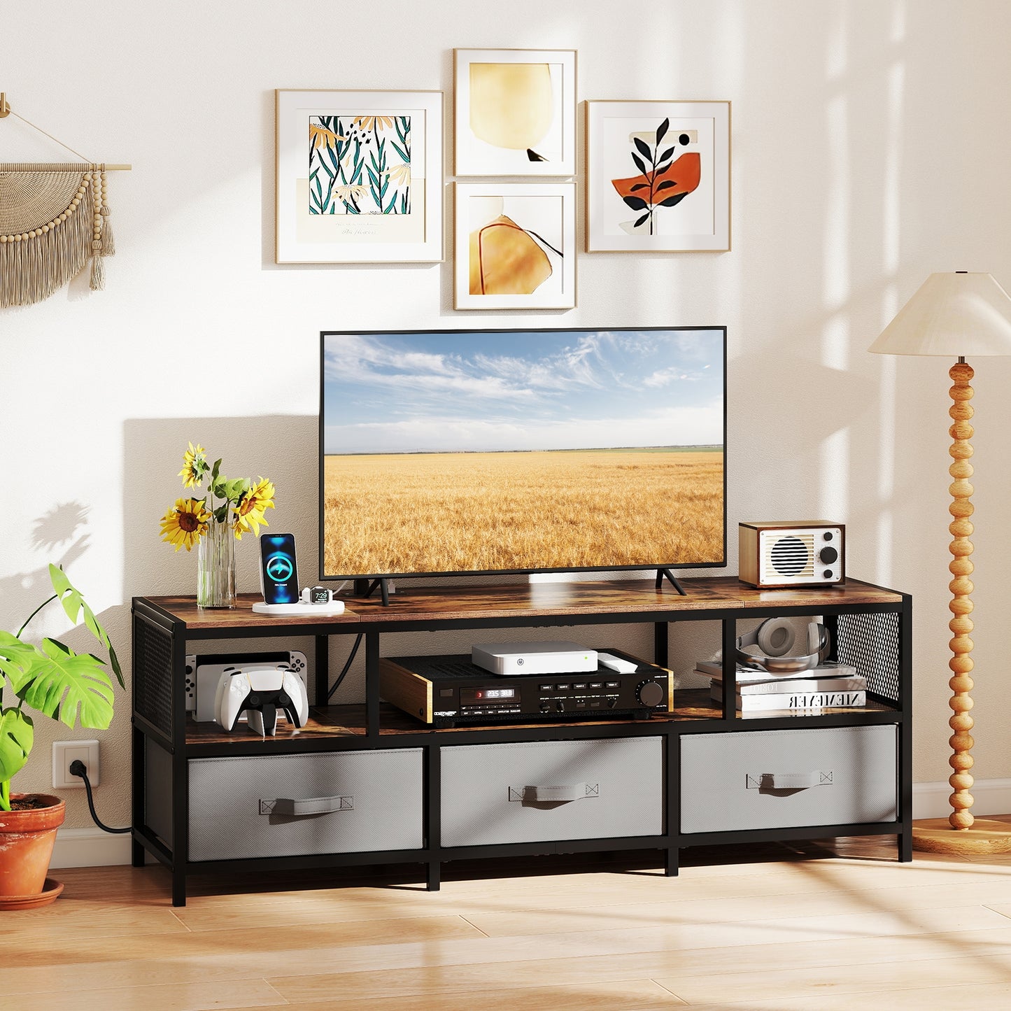 Modern Media Console with Charging Station and Storage for TVs up to 65 Inches - Rustic Brown