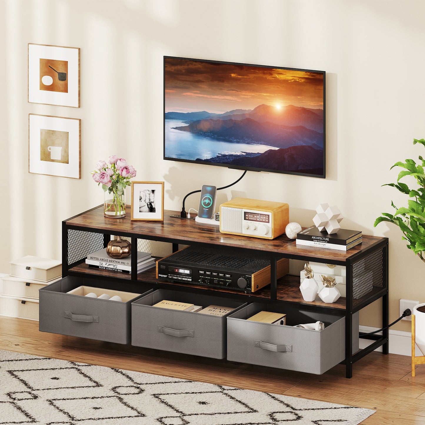Modern Media Console with Charging Station and Storage for TVs up to 65 Inches - Rustic Brown