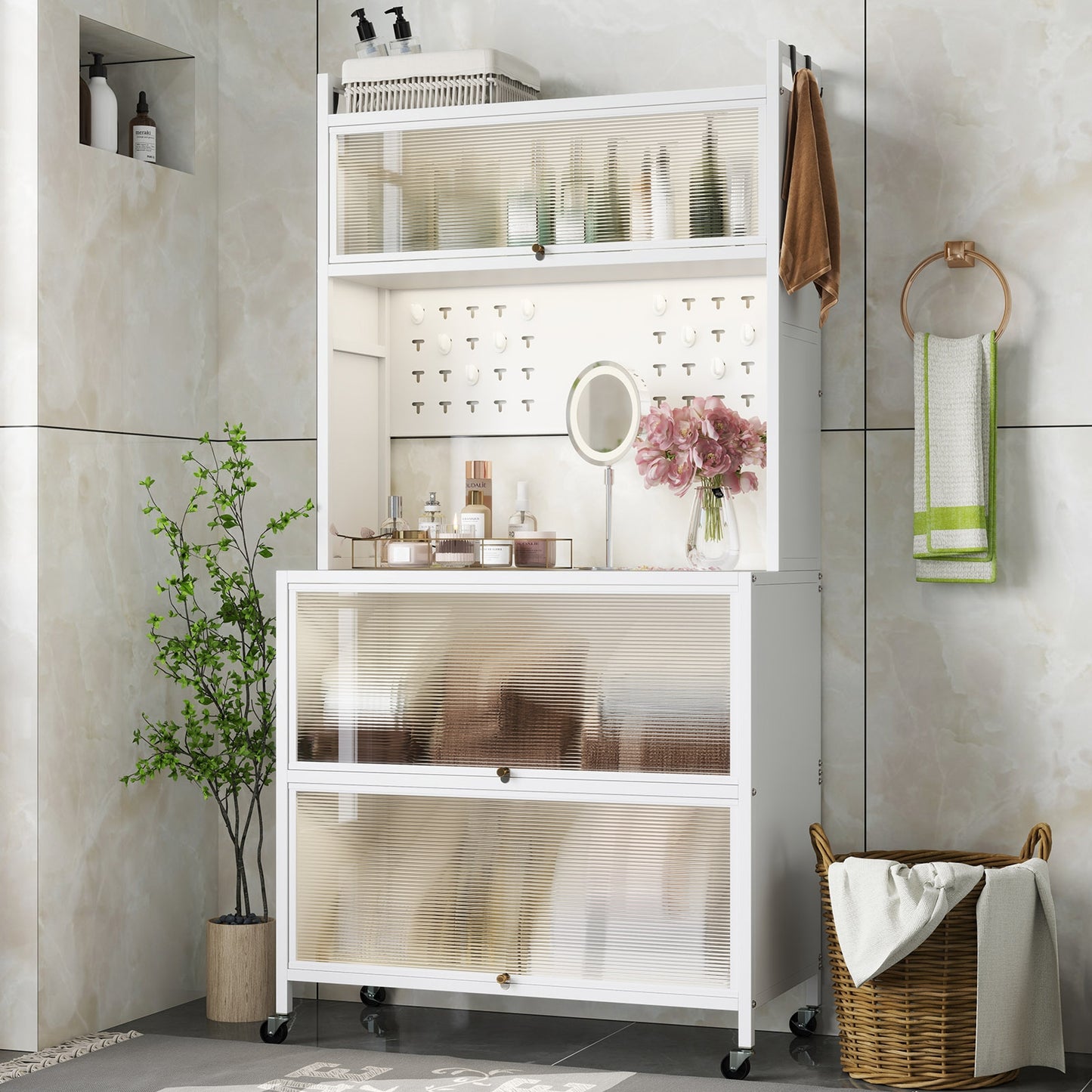 5-Tier Kitchen Bakers Rack with LED Lights and Flip Door Cabinets Multifunctional Microwave Stand - White