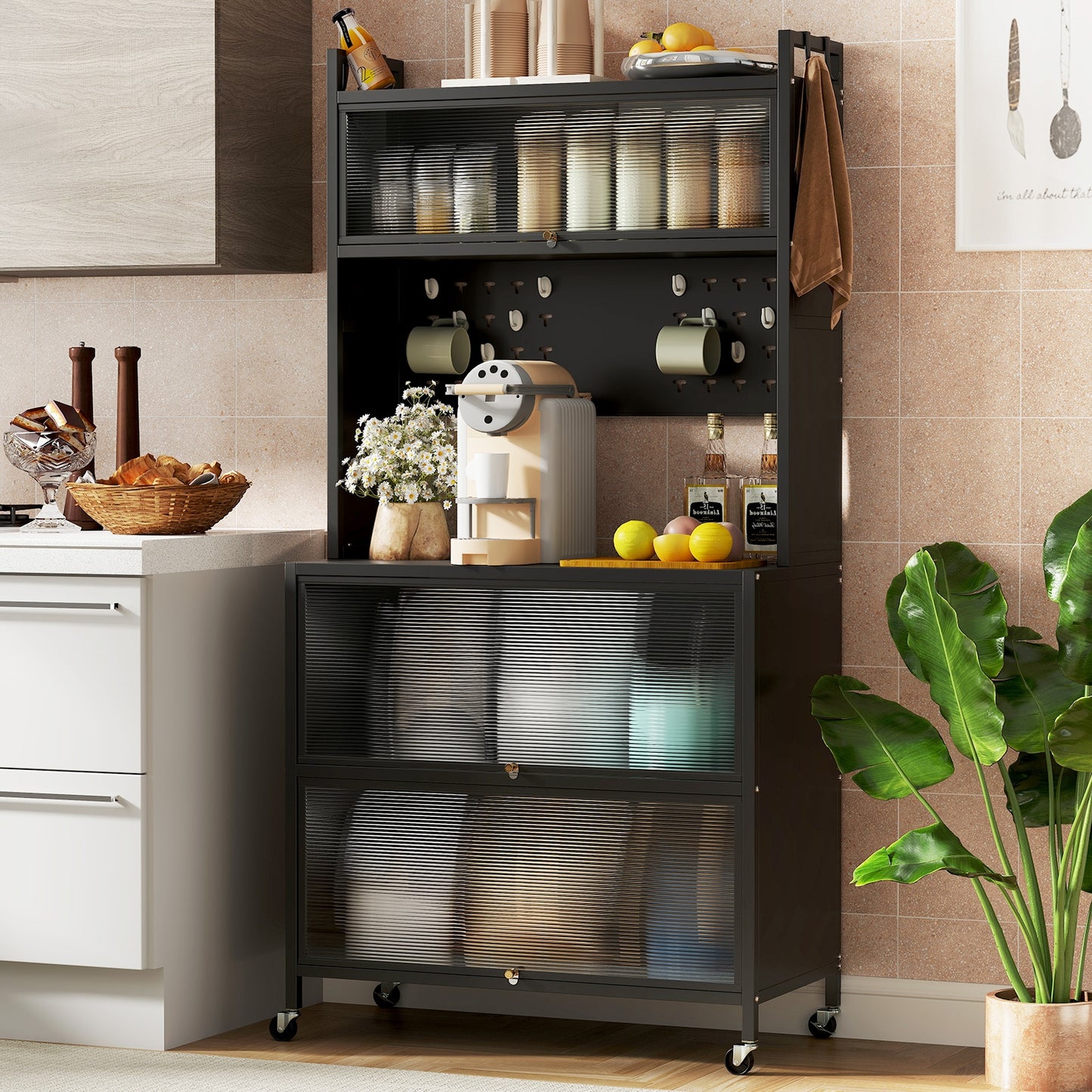 5-Tier Kitchen Bakers Rack with LED Lights and Flip Door Cabinets Multifunctional Microwave Stand - Black