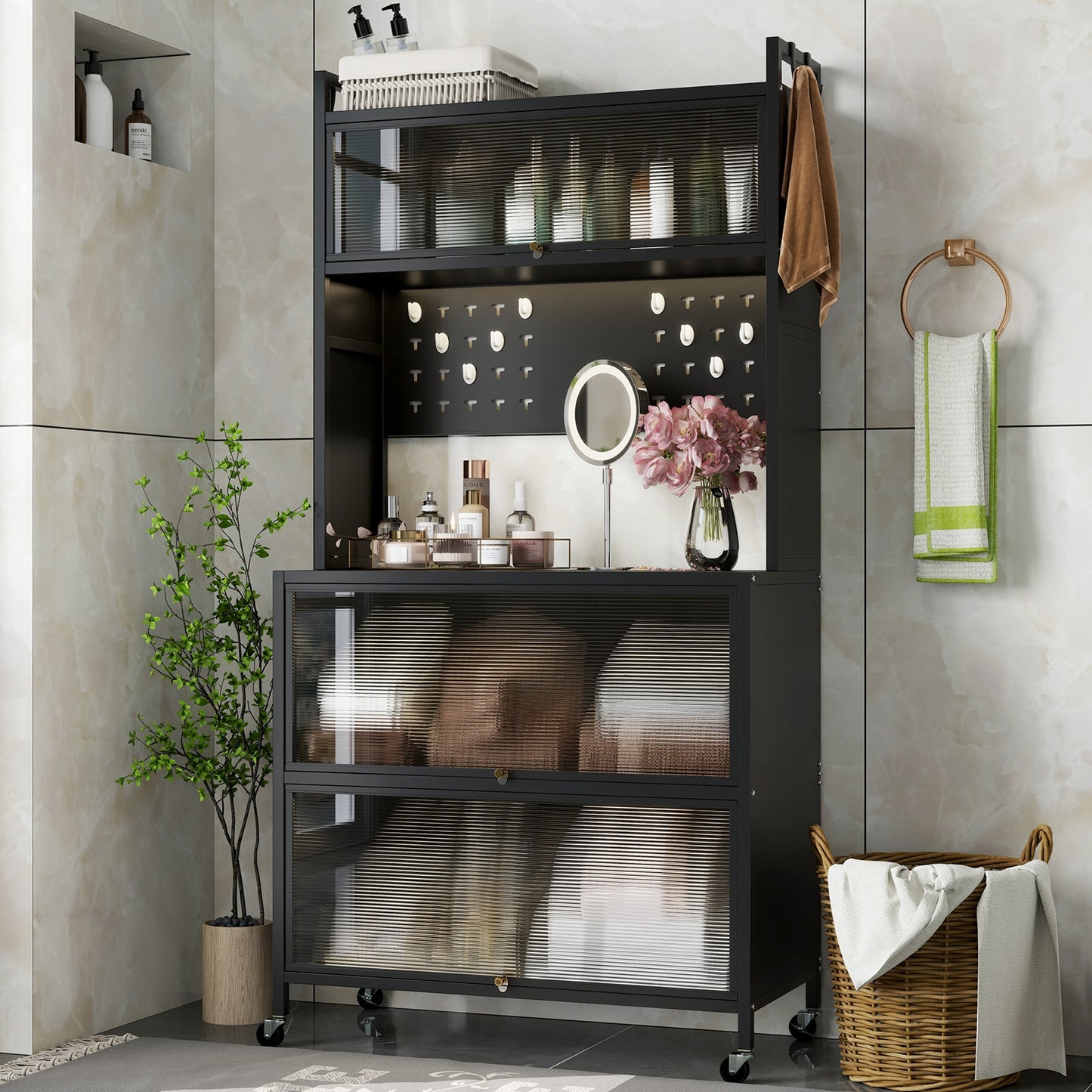 5-Tier Kitchen Bakers Rack with LED Lights and Flip Door Cabinets Multifunctional Microwave Stand - Black