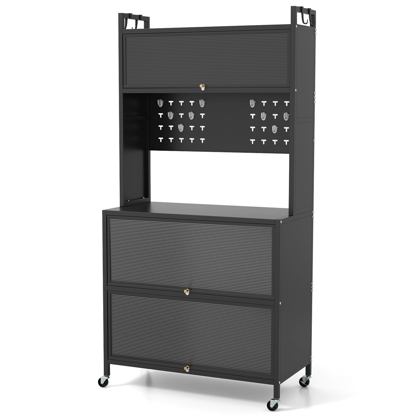 5-Tier Kitchen Bakers Rack with LED Lights and Flip Door Cabinets Multifunctional Microwave Stand - Black