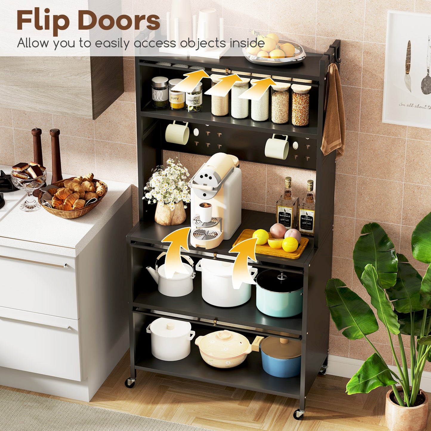 5-Tier Kitchen Bakers Rack with LED Lights and Flip Door Cabinets Multifunctional Microwave Stand - Black