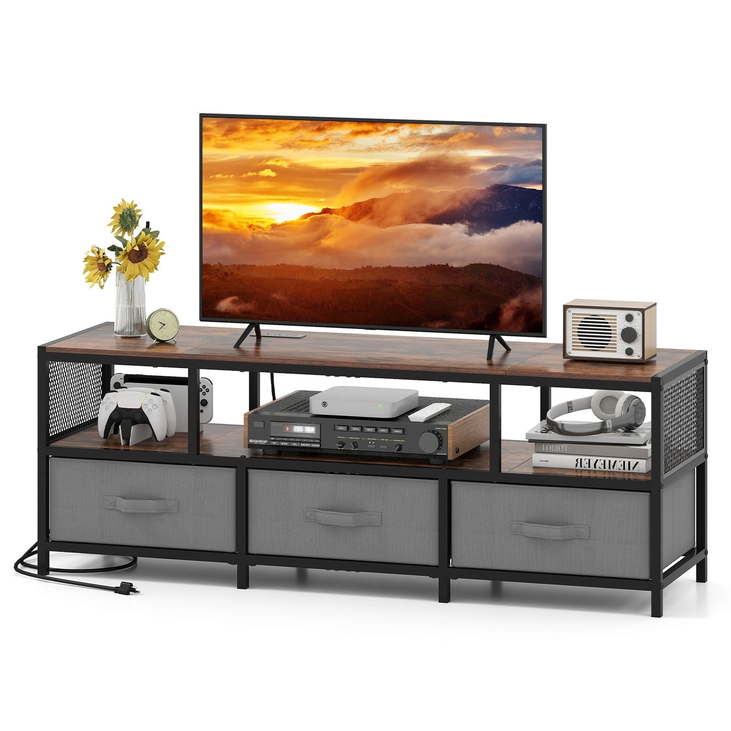 Modern Media Console with Charging Station and Storage for TVs up to 65 Inches - Rustic Brown