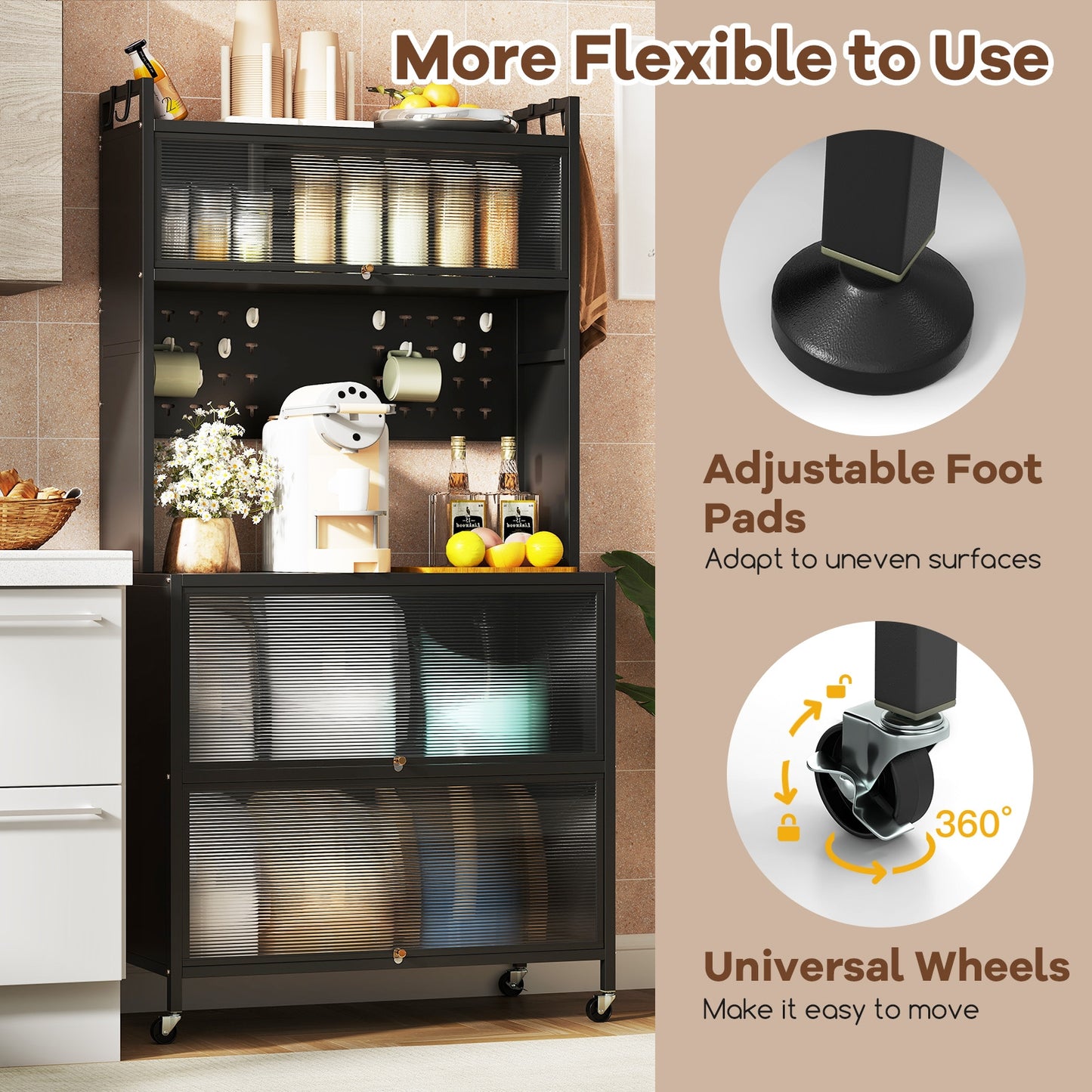5-Tier Kitchen Bakers Rack with LED Lights and Flip Door Cabinets Multifunctional Microwave Stand - Black