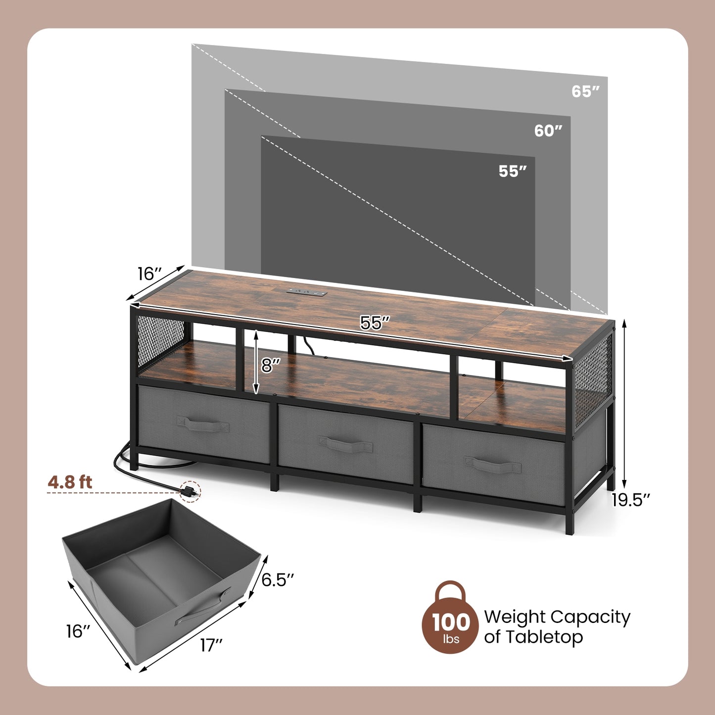 Modern Media Console with Charging Station and Storage for TVs up to 65 Inches - Rustic Brown