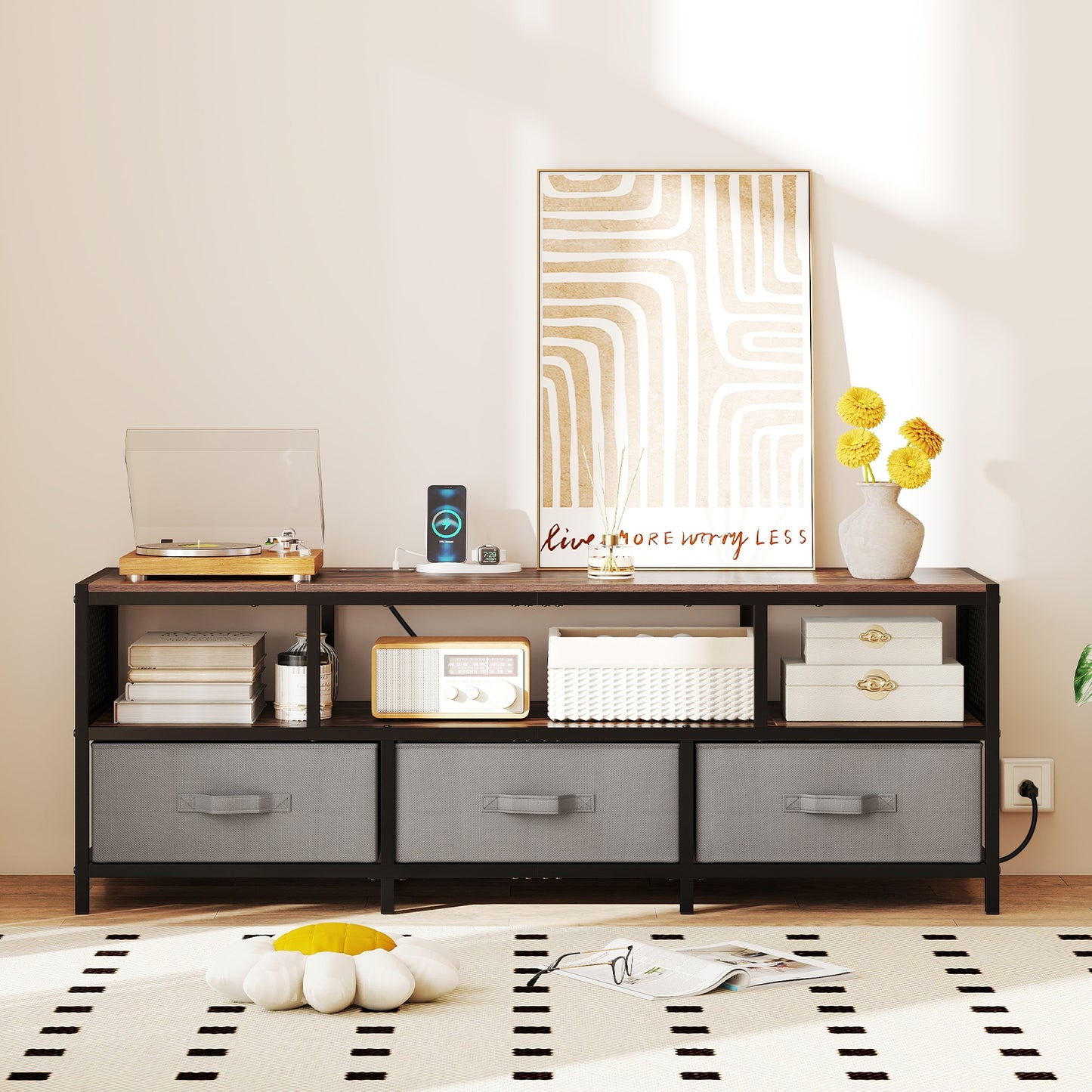 Modern Media Console with Charging Station and Storage for TVs up to 65 Inches - Rustic Brown