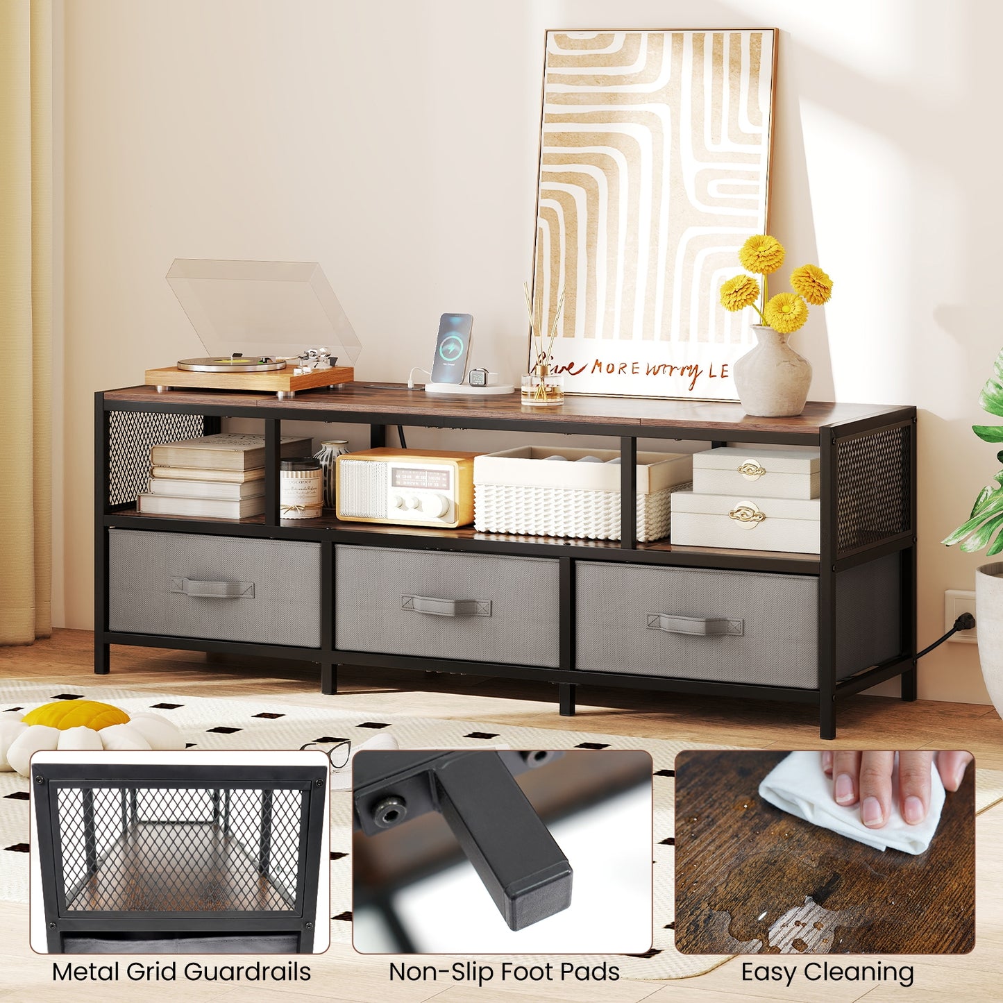 Modern Media Console with Charging Station and Storage for TVs up to 65 Inches - Rustic Brown