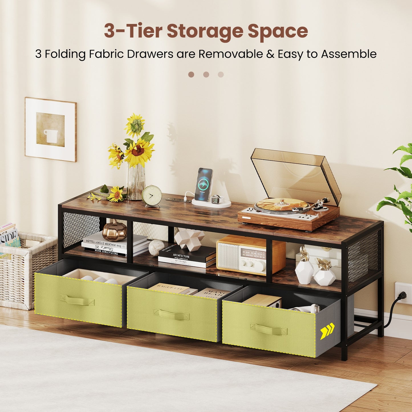 Modern Media Console with Charging Station and Storage for TVs up to 65 Inches - Rustic Brown