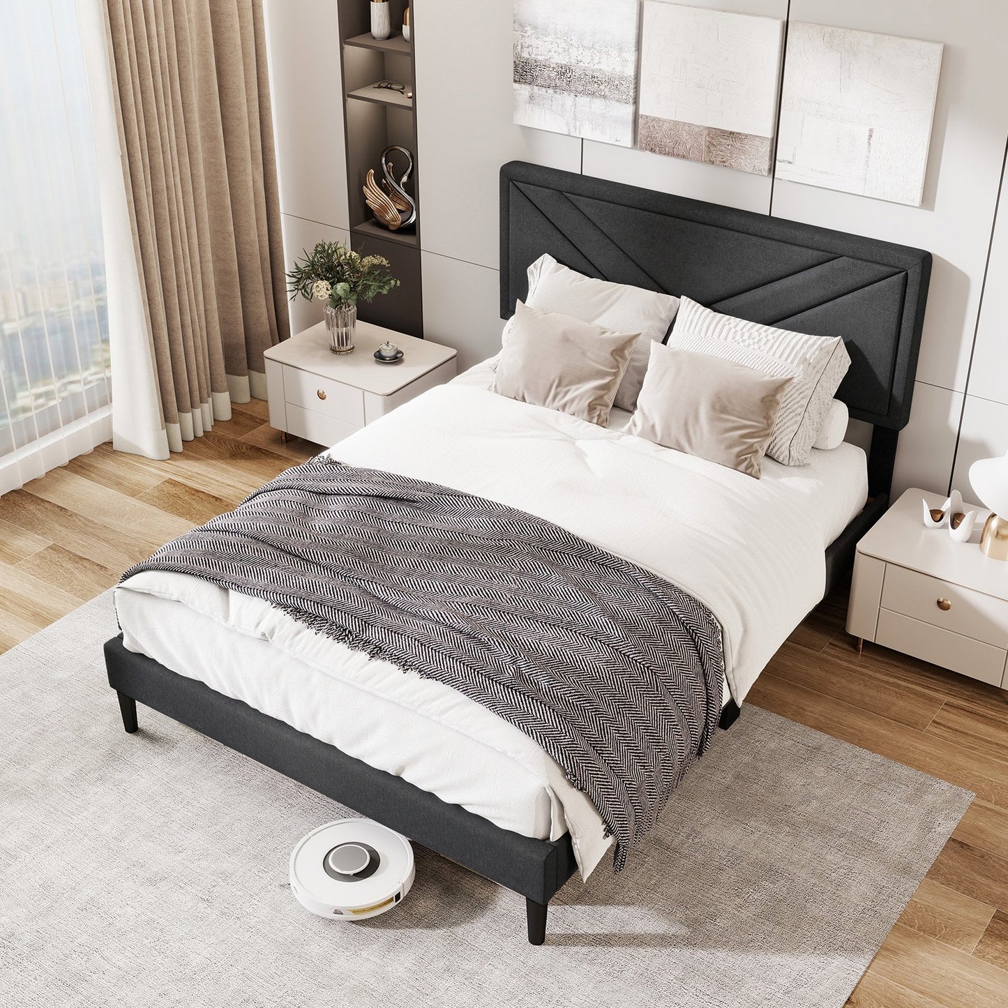 Tufted Faux Linen Upholstered Platform Bed with High Headboard and Sturdy Wood Slats – Full Size