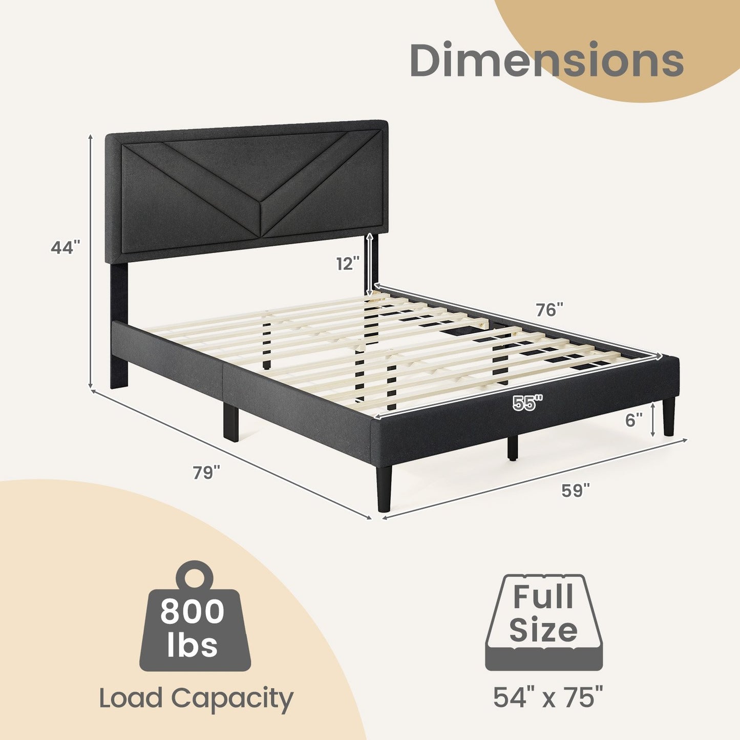 Tufted Faux Linen Upholstered Platform Bed with High Headboard and Sturdy Wood Slats – Full Size