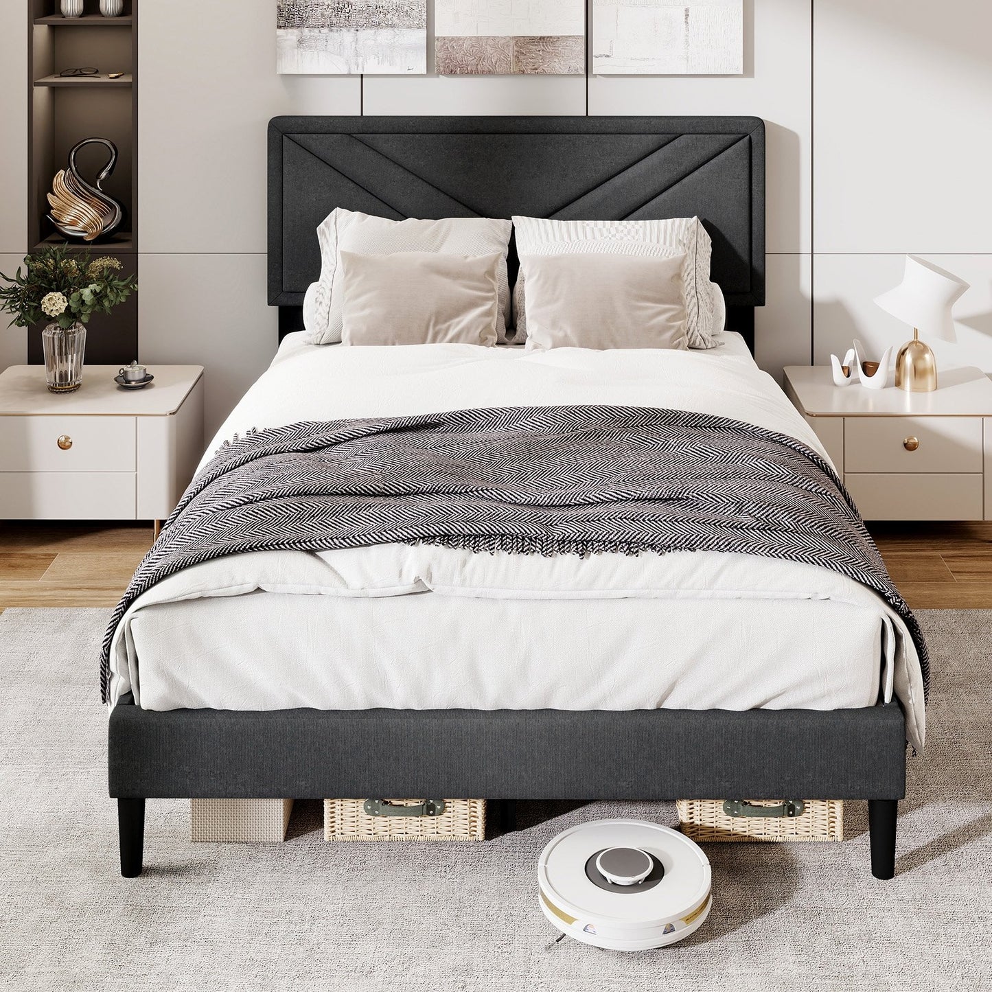 Tufted Faux Linen Upholstered Platform Bed with High Headboard and Sturdy Wood Slats – Full Size