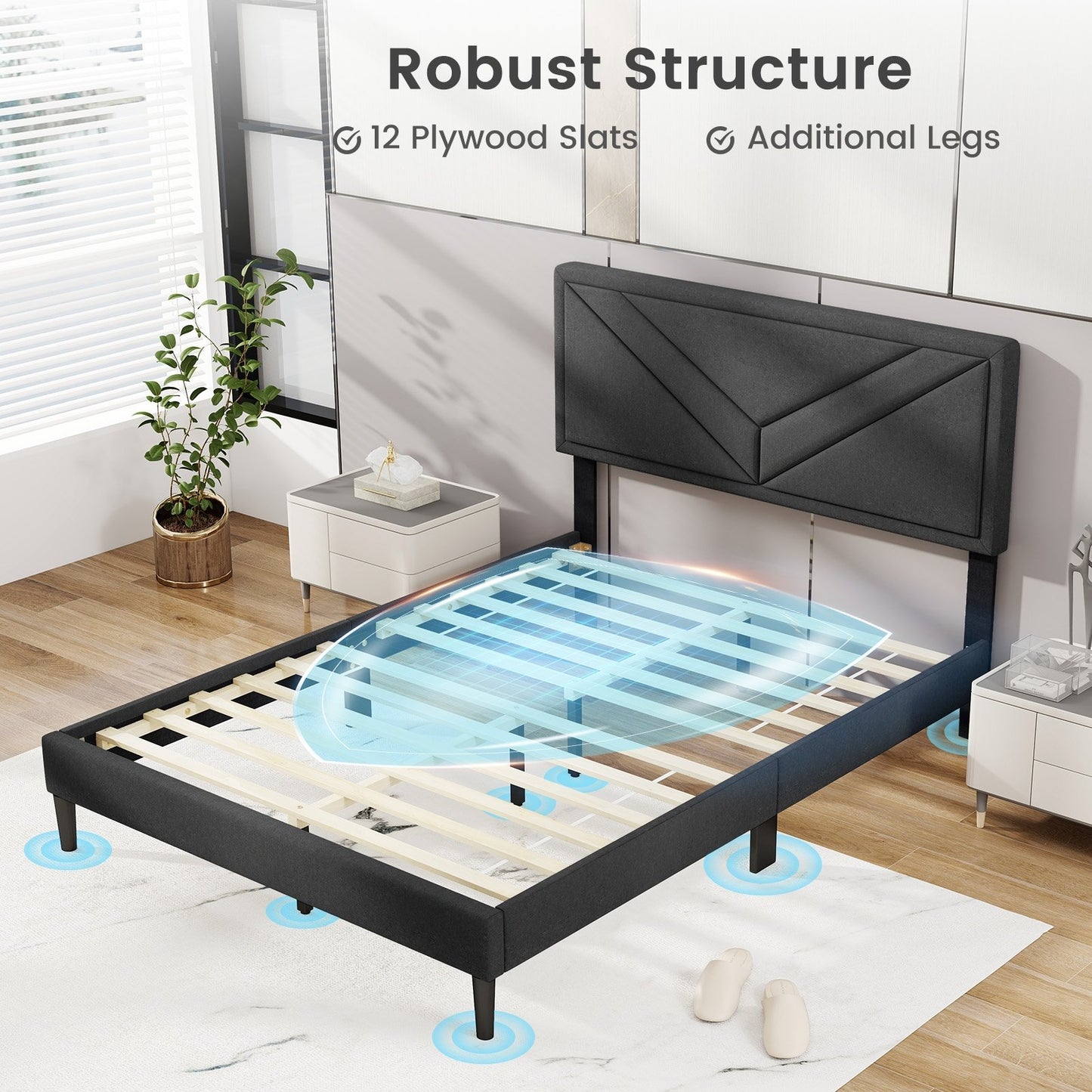 Tufted Faux Linen Upholstered Platform Bed with High Headboard and Sturdy Wood Slats – Full Size