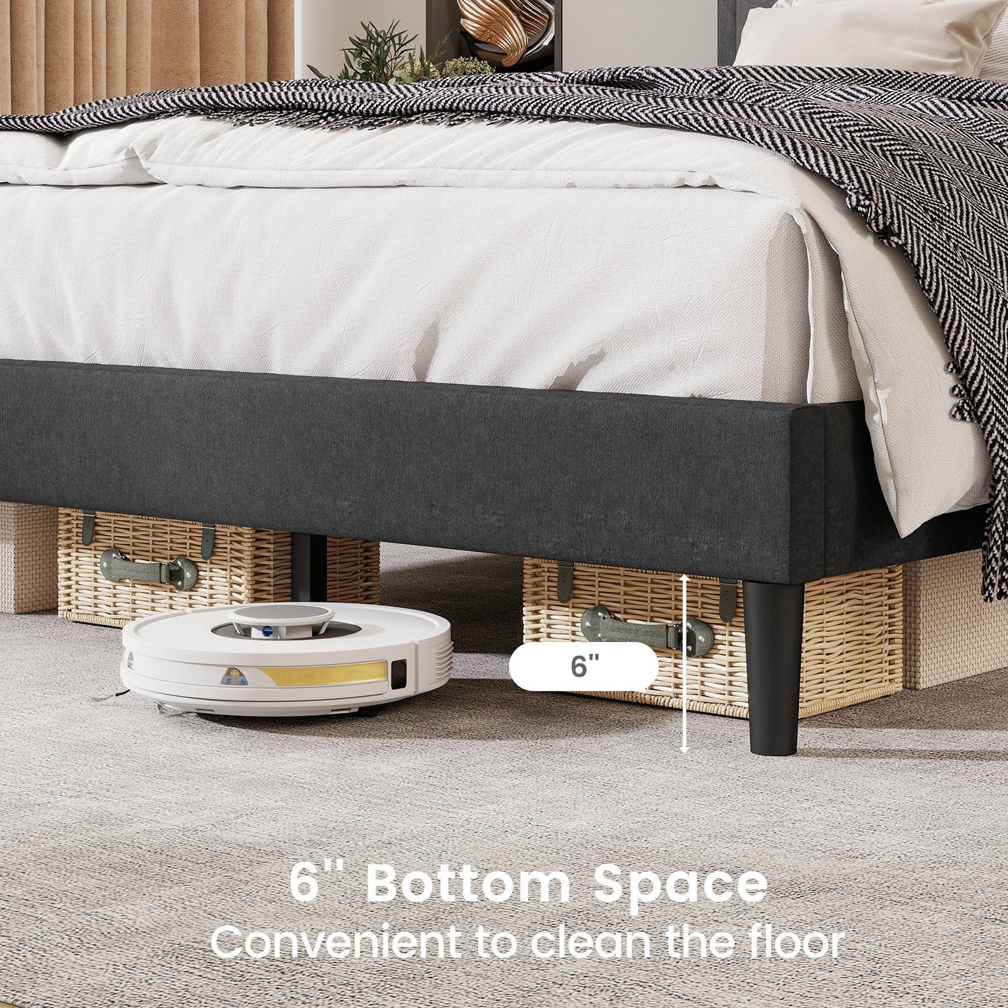 Tufted Faux Linen Upholstered Platform Bed with High Headboard and Sturdy Wood Slats – Full Size