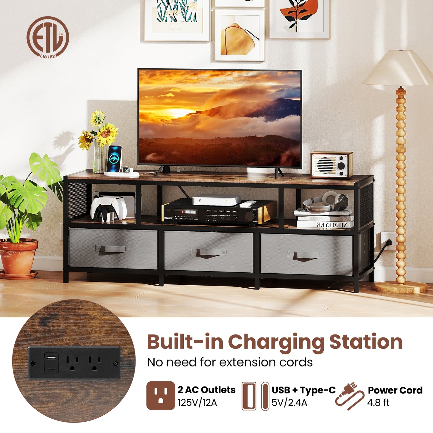 Modern Media Console with Charging Station and Storage for TVs up to 65 Inches - Rustic Brown