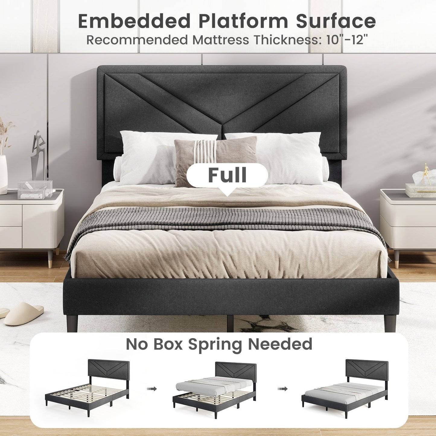 Tufted Faux Linen Upholstered Platform Bed with High Headboard and Sturdy Wood Slats – Full Size