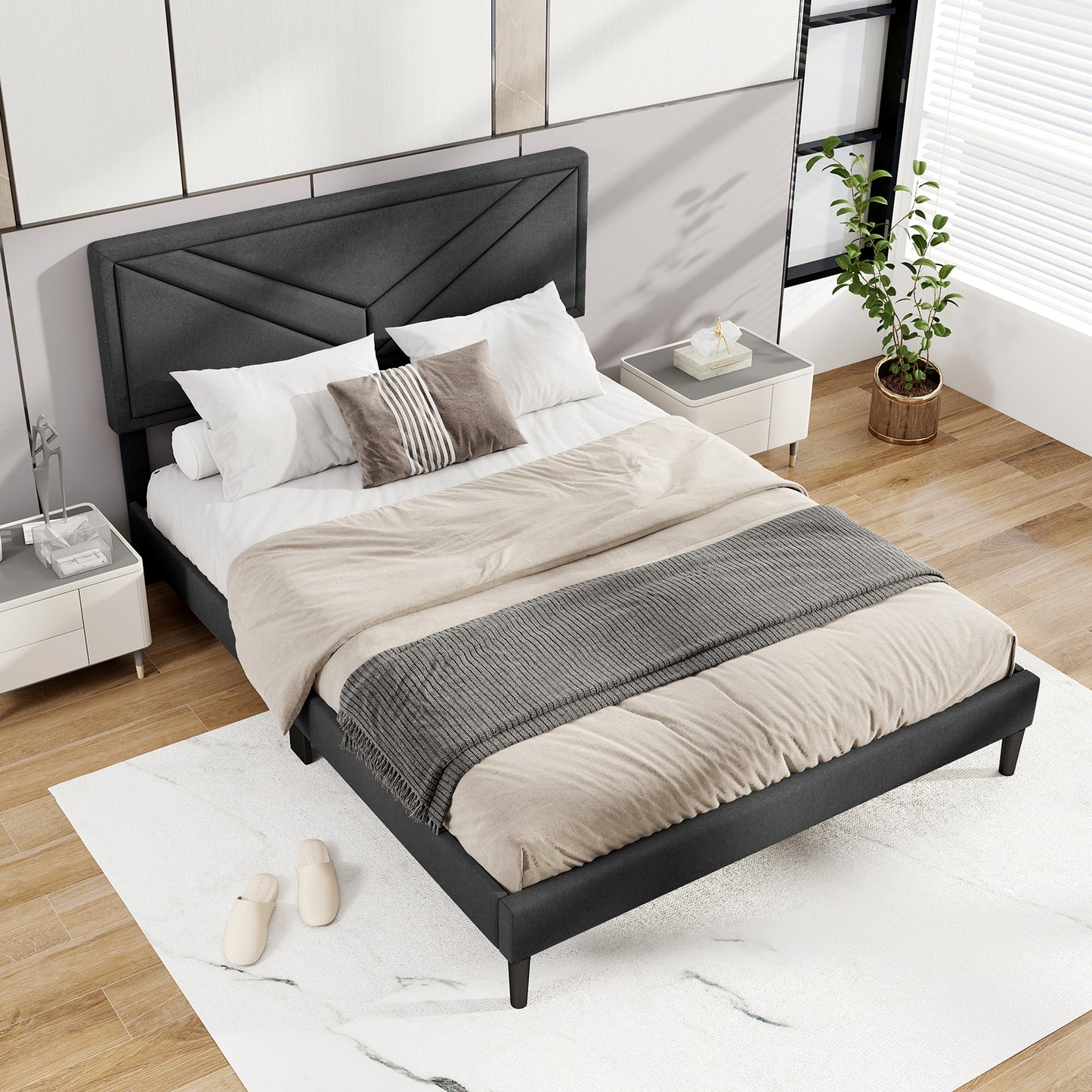 Tufted Faux Linen Upholstered Platform Bed with High Headboard and Sturdy Wood Slats – Queen Size