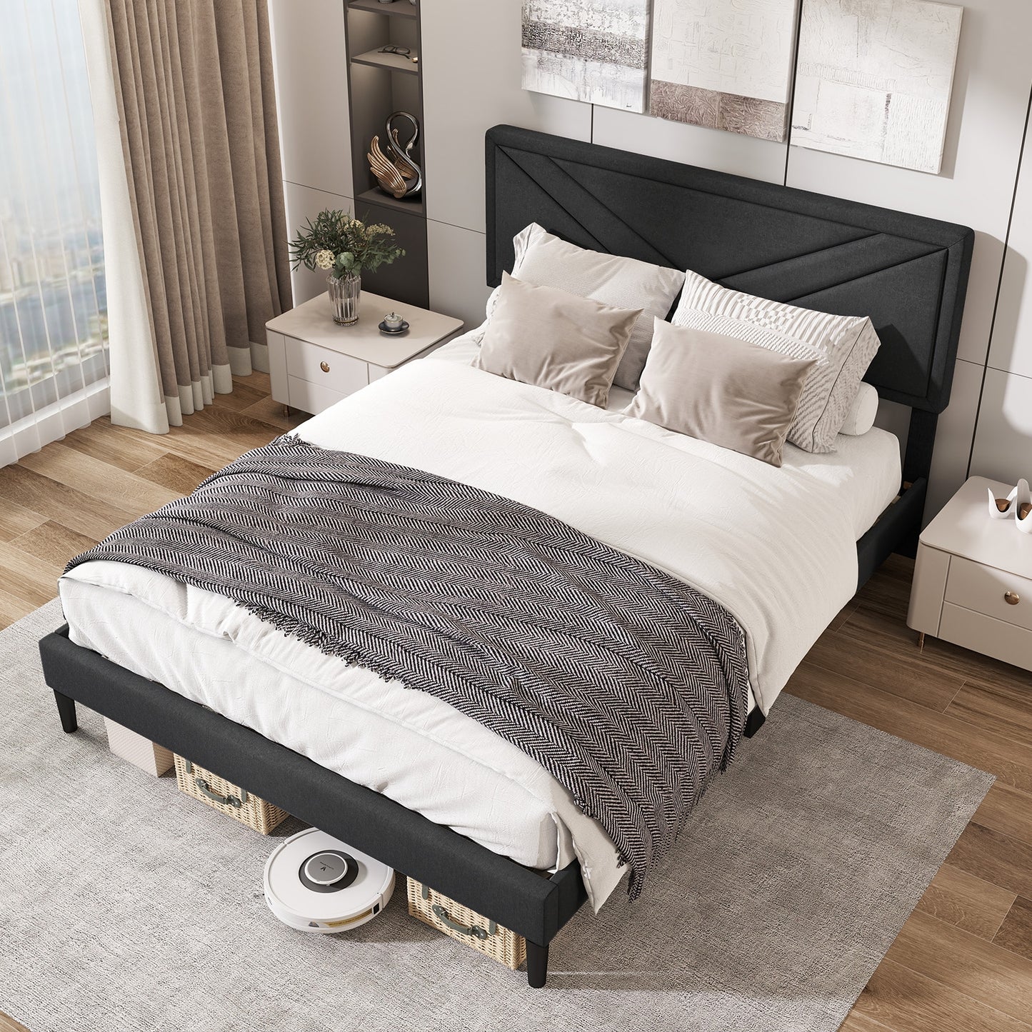 Tufted Faux Linen Upholstered Platform Bed with High Headboard and Sturdy Wood Slats – Queen Size