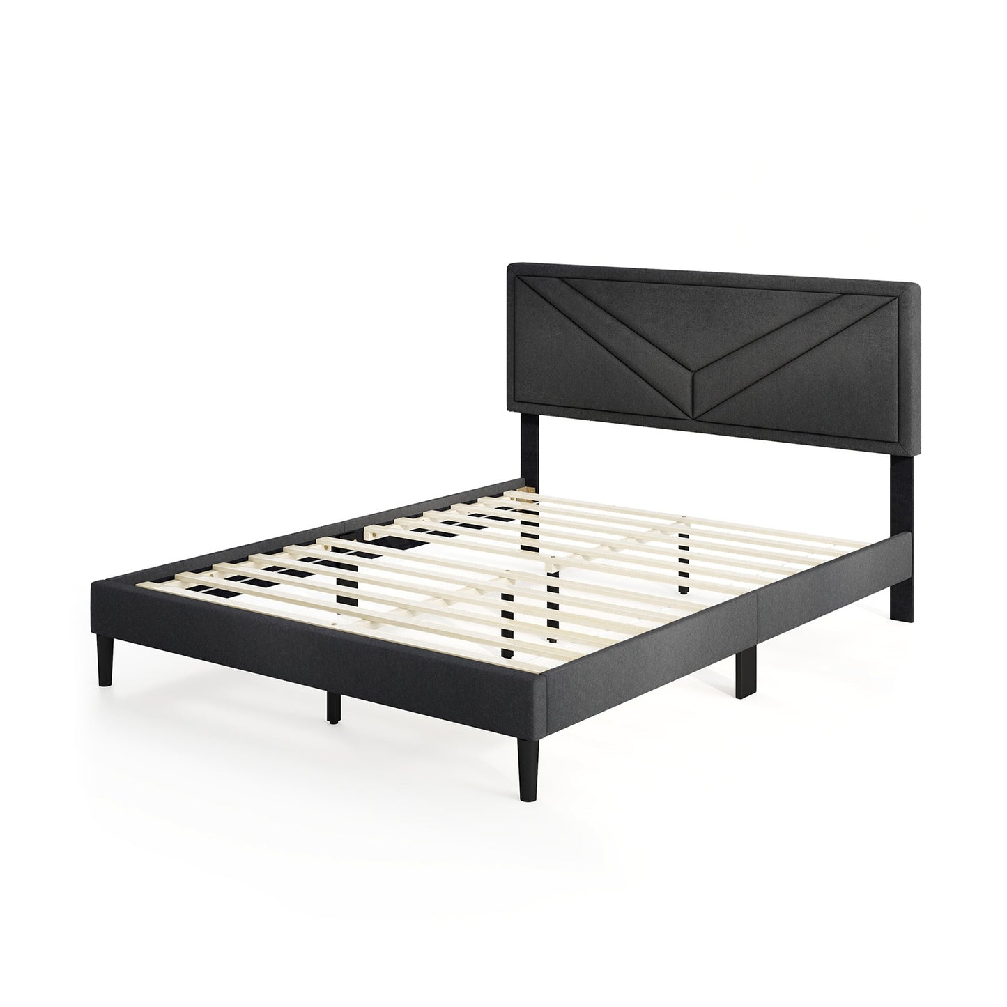 Tufted Faux Linen Upholstered Platform Bed with High Headboard and Sturdy Wood Slats – Queen Size
