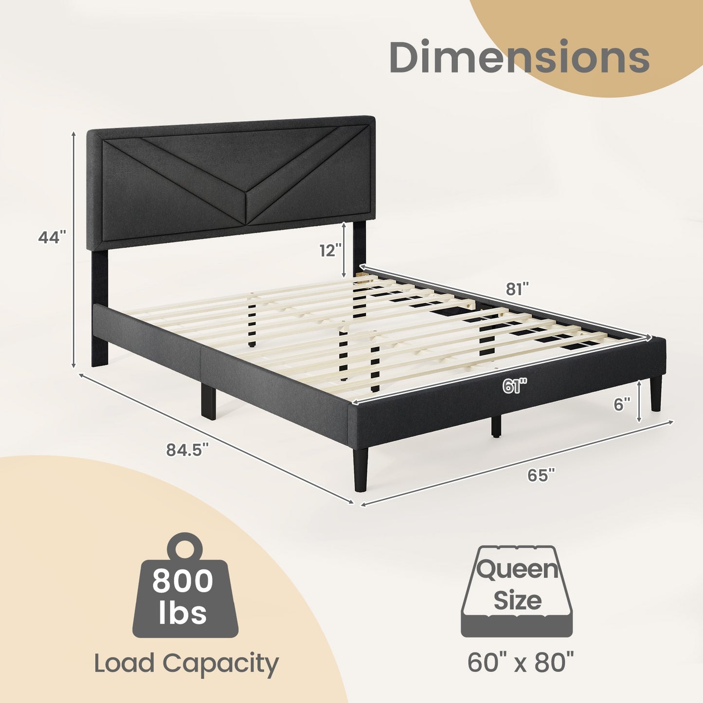 Tufted Faux Linen Upholstered Platform Bed with High Headboard and Sturdy Wood Slats – Queen Size