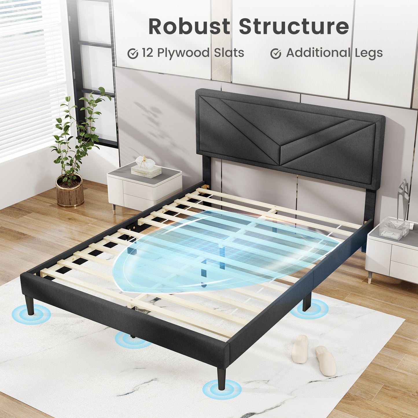 Tufted Faux Linen Upholstered Platform Bed with High Headboard and Sturdy Wood Slats – Queen Size