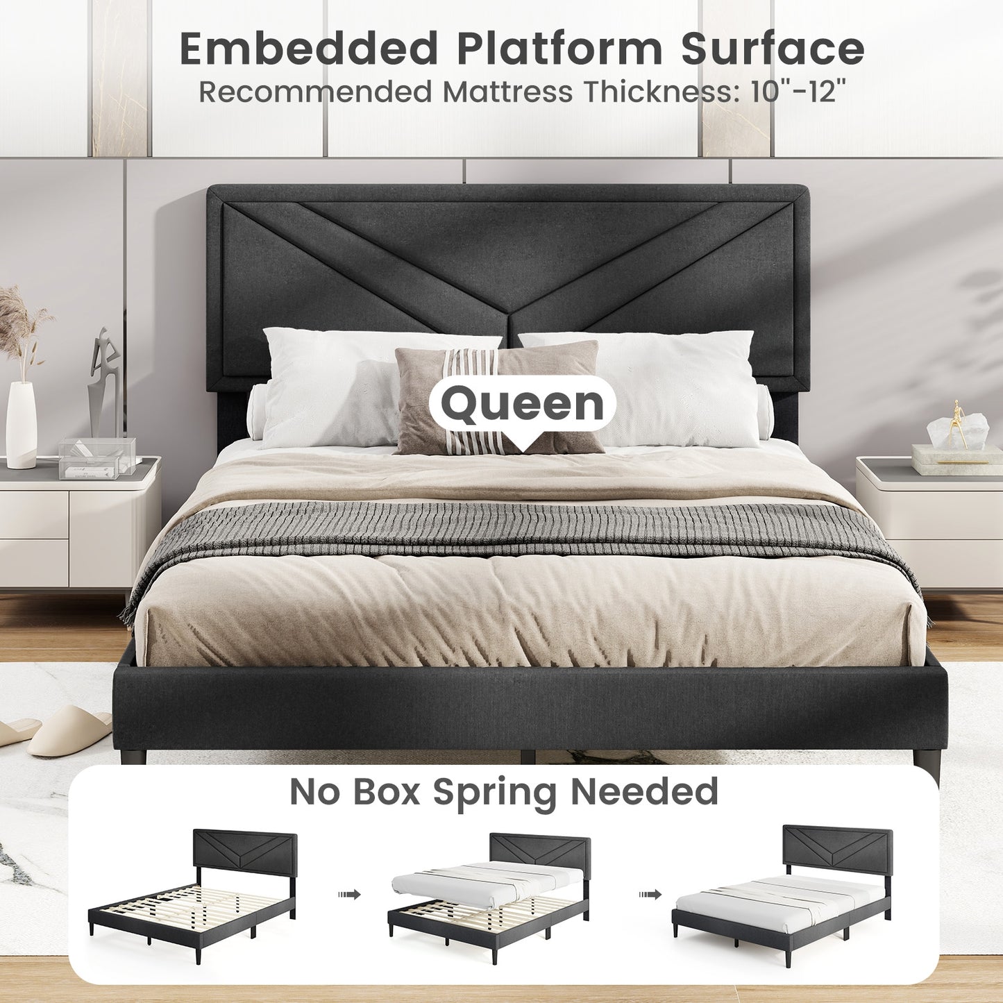 Tufted Faux Linen Upholstered Platform Bed with High Headboard and Sturdy Wood Slats – Queen Size