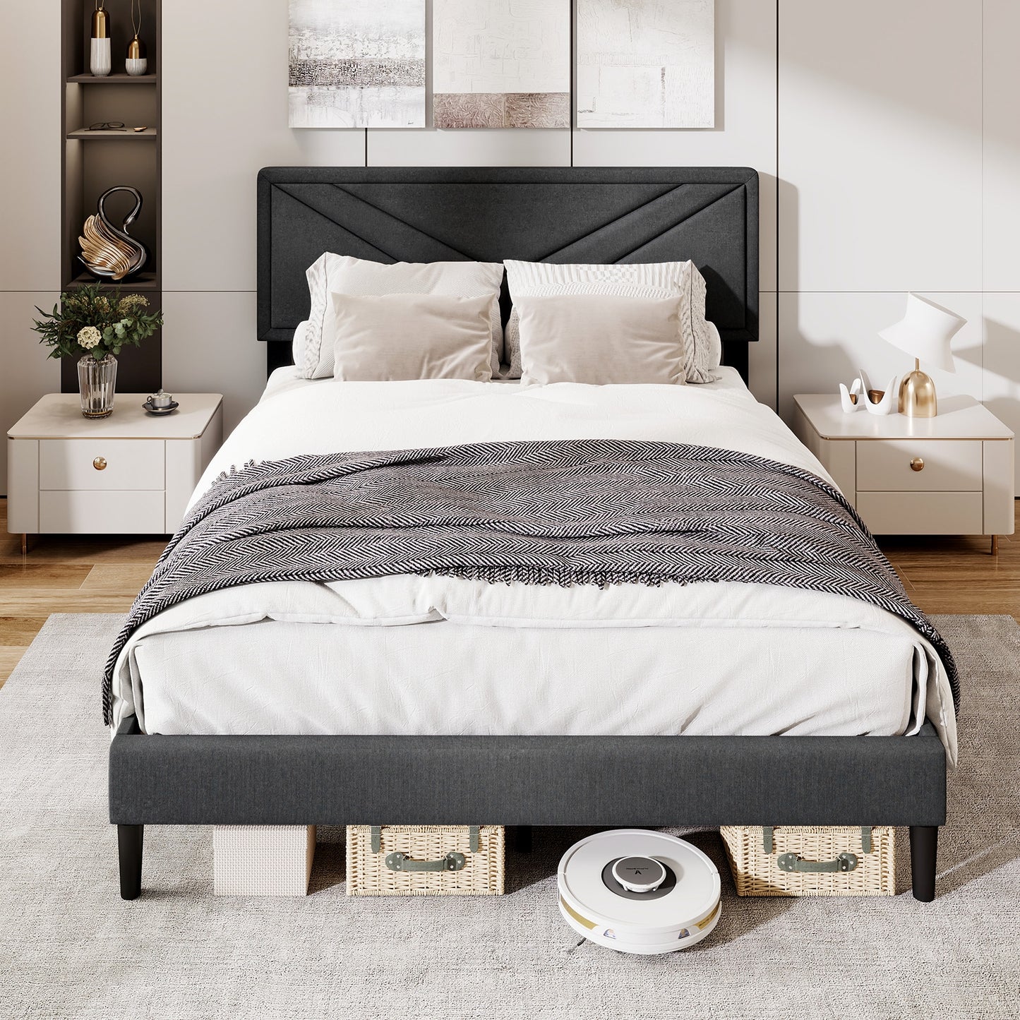Tufted Faux Linen Upholstered Platform Bed with High Headboard and Sturdy Wood Slats – Queen Size