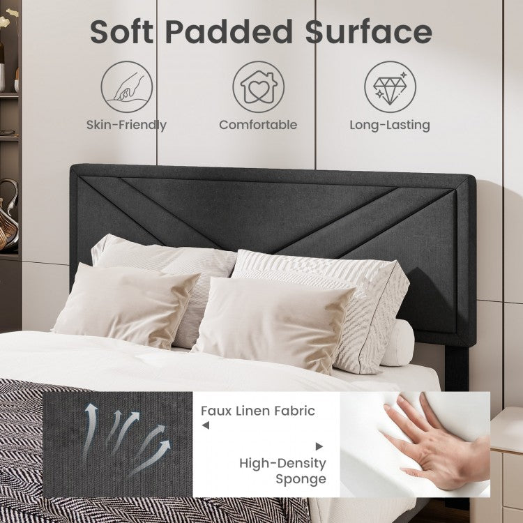Tufted Faux Linen Upholstered Platform Bed with High Headboard and Sturdy Wood Slats – Queen Size