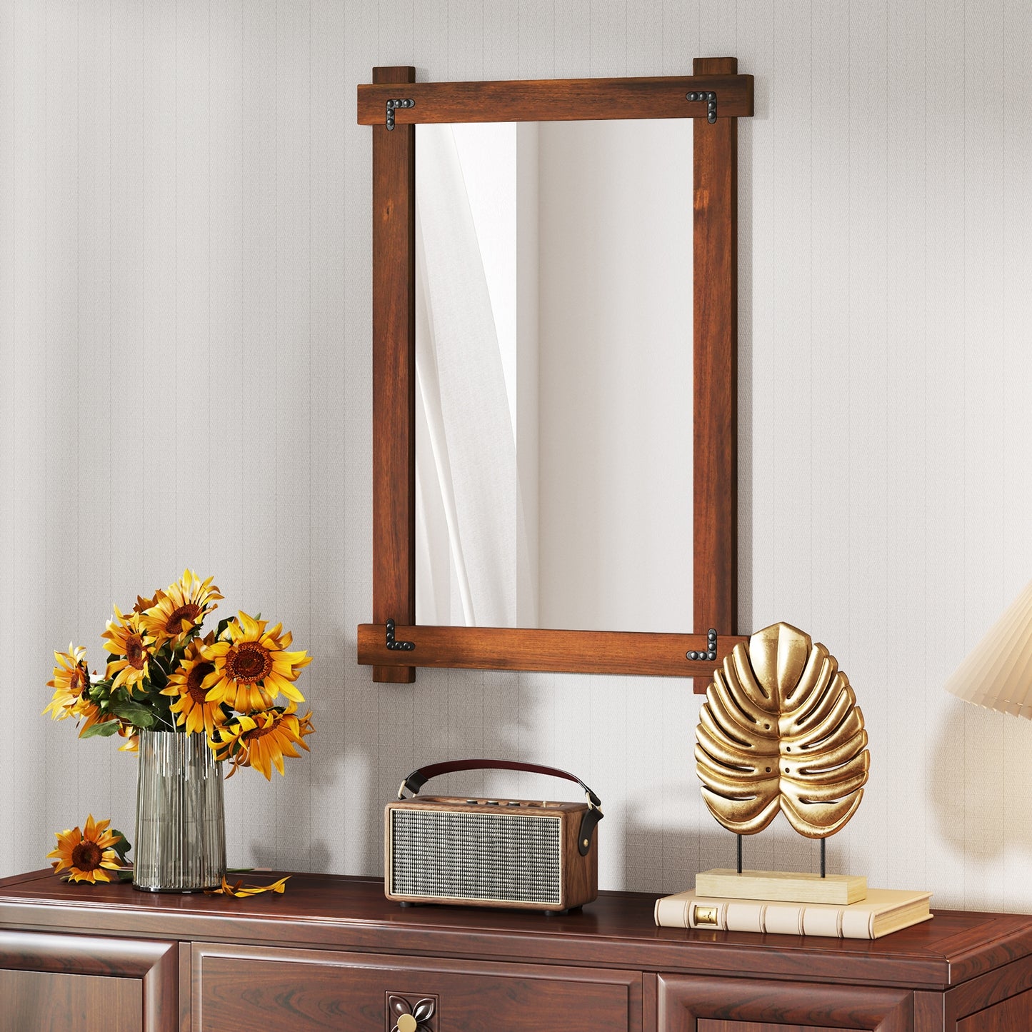 35" x 24" Rustic Wood Framed Mirror with Acacia Wood and Vintage Rivet Detailing in Brown