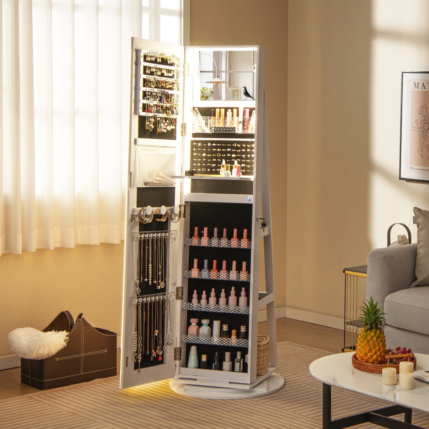 4-in-1 Standing Jewelry Cabinet with Full-Length LED Mirror, Lockable Storage, Rotating Base and Foldable Vanity Shelf – White