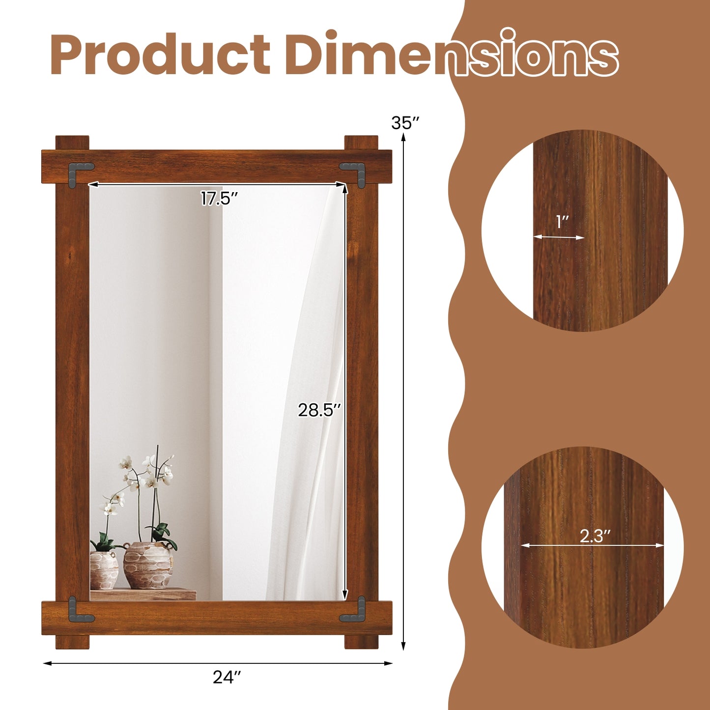 35" x 24" Rustic Wood Framed Mirror with Acacia Wood and Vintage Rivet Detailing in Brown