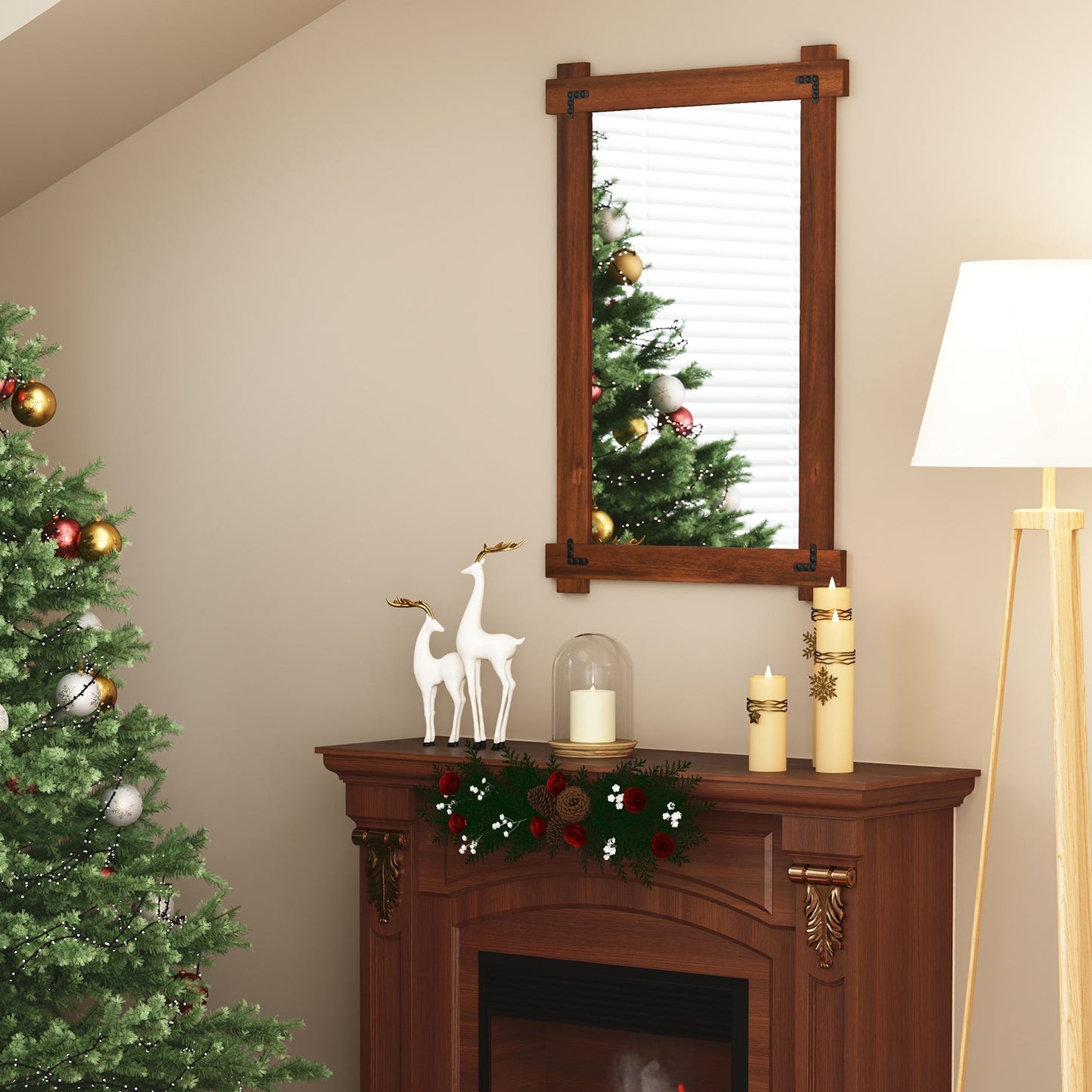 35" x 24" Rustic Wood Framed Mirror with Acacia Wood and Vintage Rivet Detailing in Brown