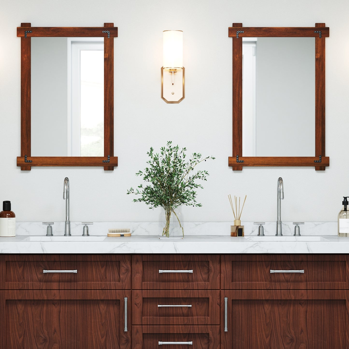 35" x 24" Rustic Wood Framed Mirror with Acacia Wood and Vintage Rivet Detailing in Brown