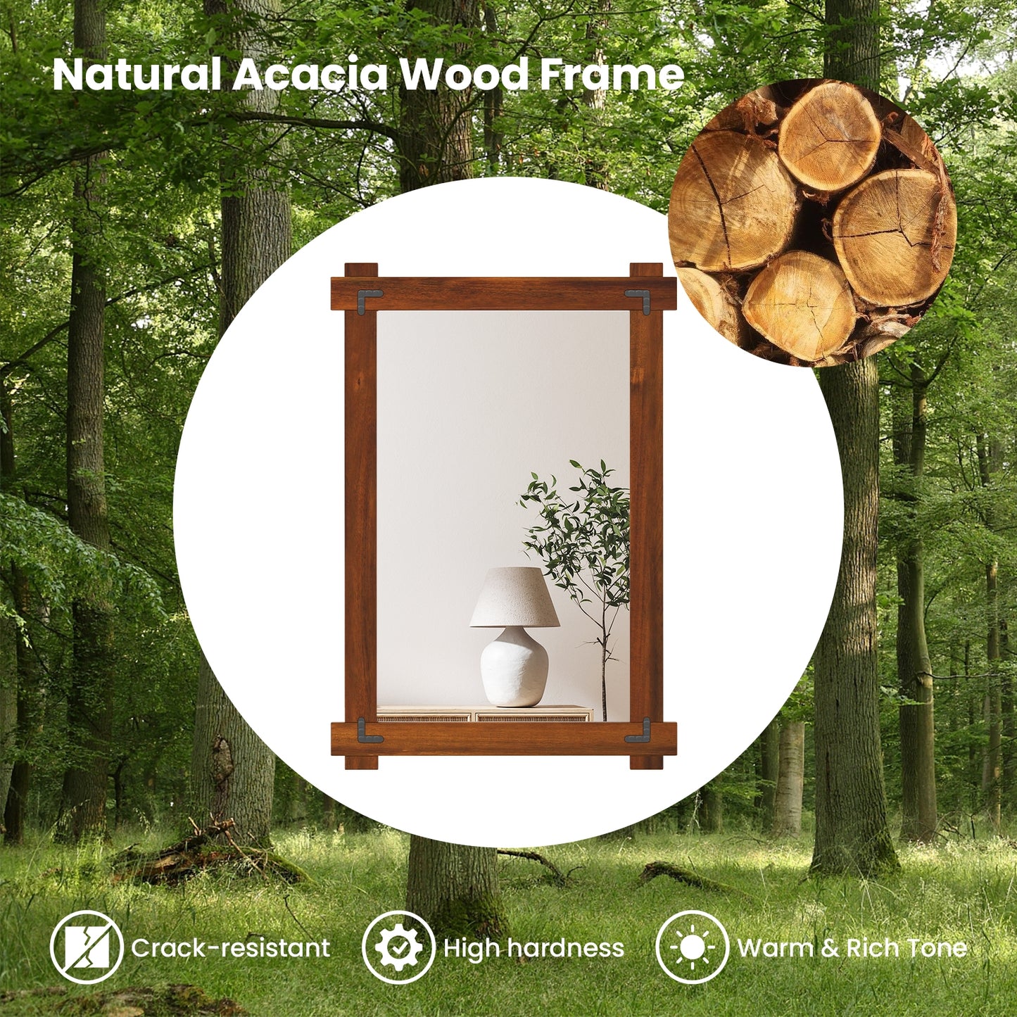 35" x 24" Rustic Wood Framed Mirror with Acacia Wood and Vintage Rivet Detailing in Brown