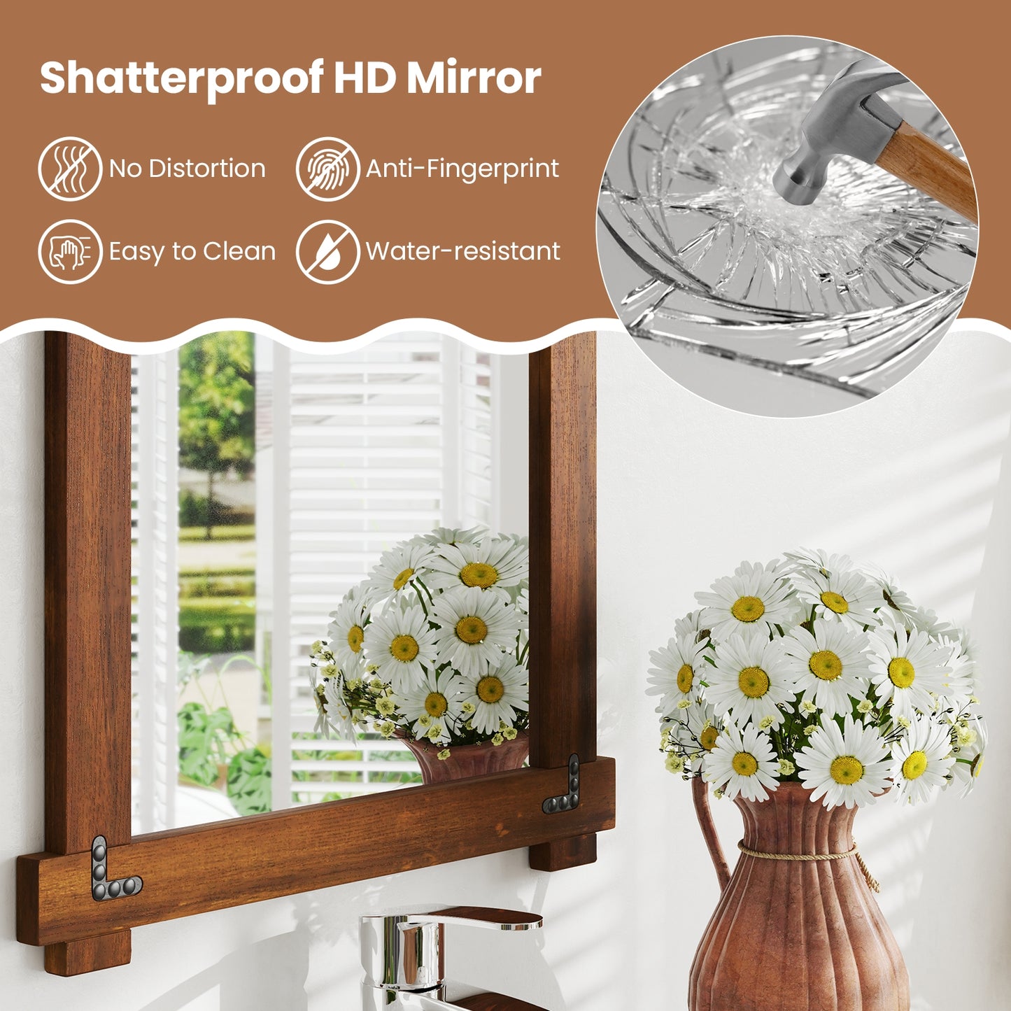 35" x 24" Rustic Wood Framed Mirror with Acacia Wood and Vintage Rivet Detailing in Brown