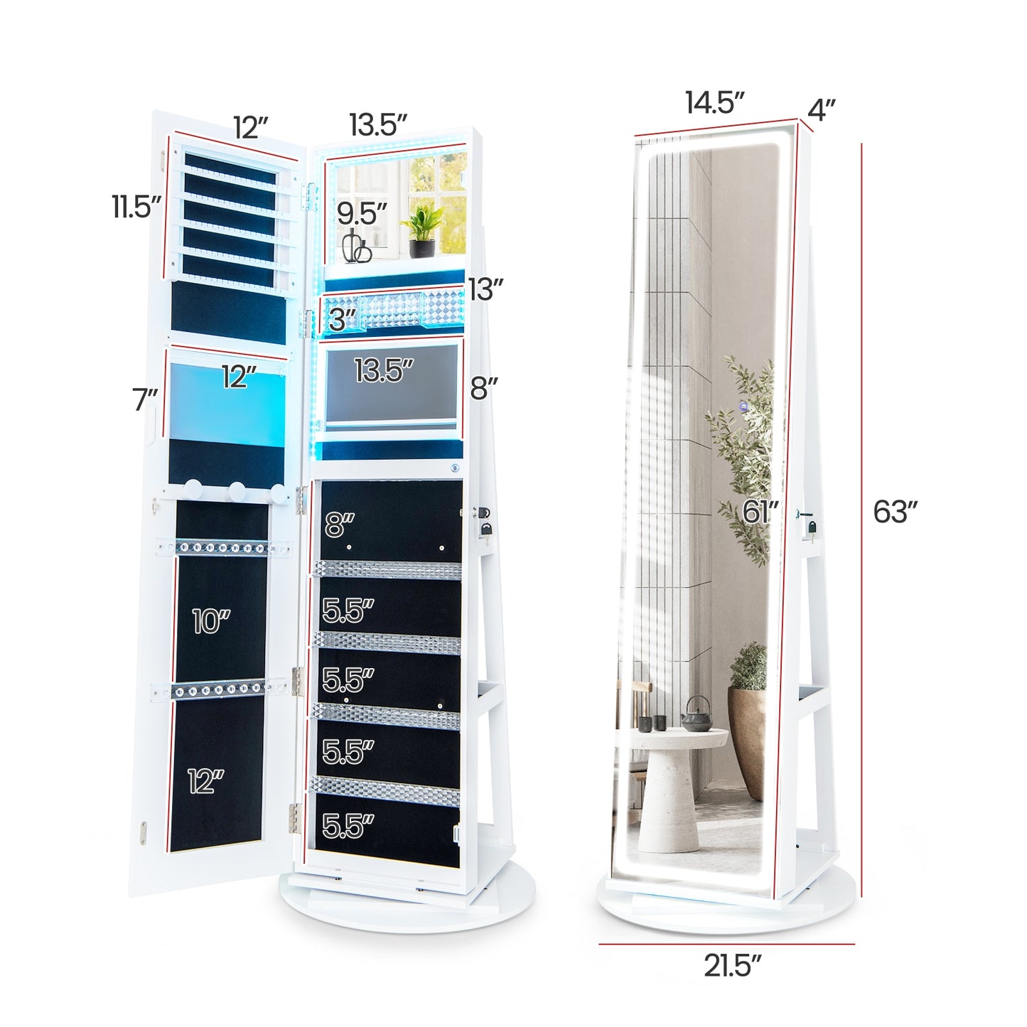 4-in-1 Standing Jewelry Cabinet with Full-Length LED Mirror, Lockable Storage, Rotating Base and Foldable Vanity Shelf – White